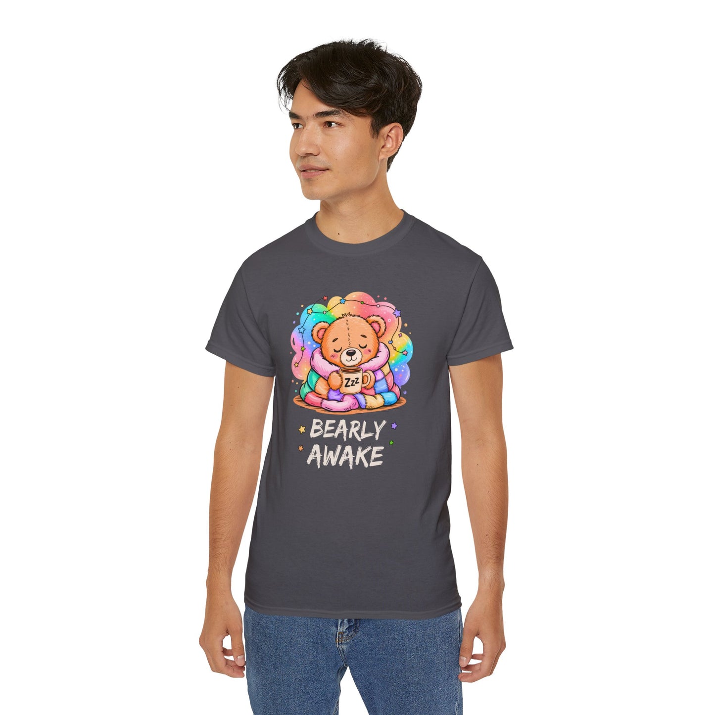 Bearly Awake Teddy Bear Tee | Cute Coffee Bear Wrapped in Rainbow Blanket