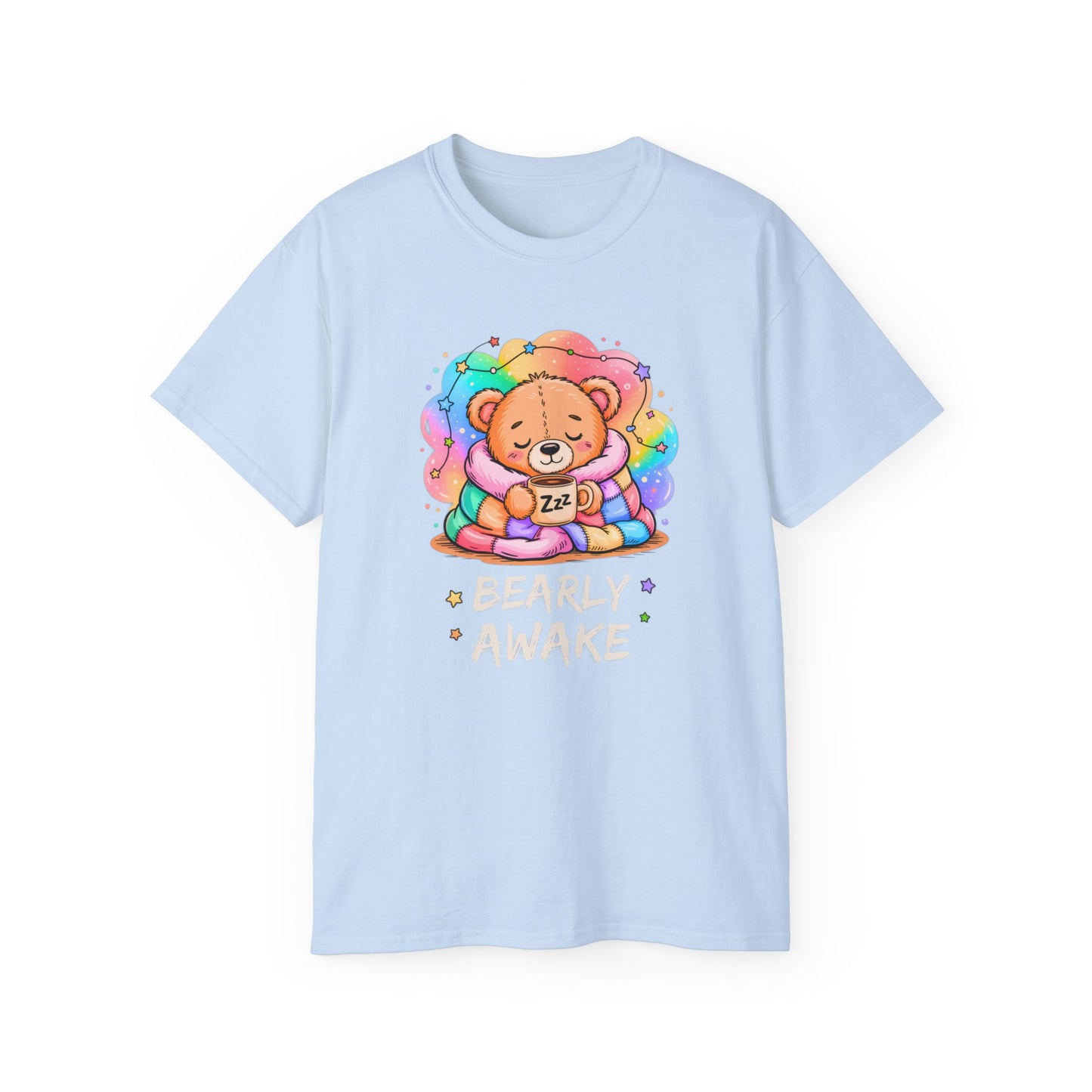 Bearly Awake Teddy Bear Tee | Cute Coffee Bear Wrapped in Rainbow Blanket