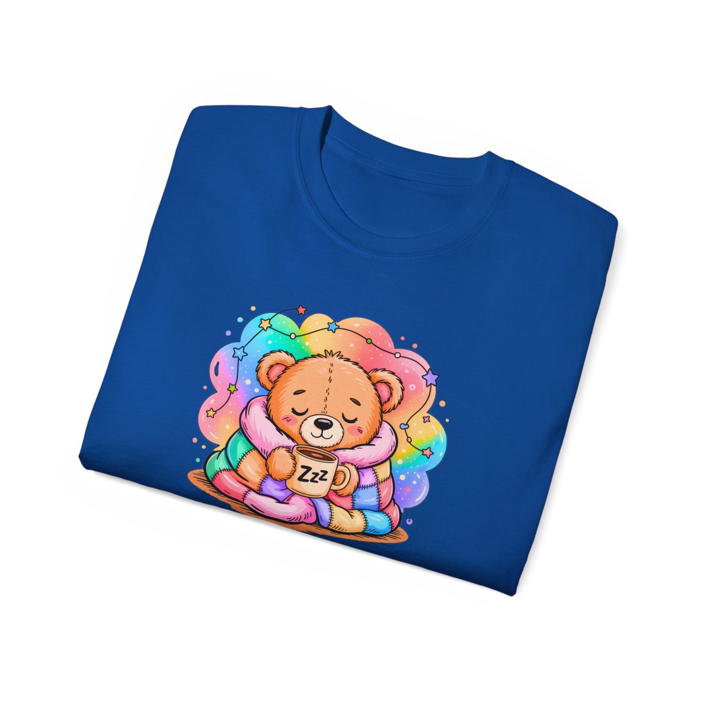 Bearly Awake Teddy Bear Tee | Cute Coffee Bear Wrapped in Rainbow Blanket
