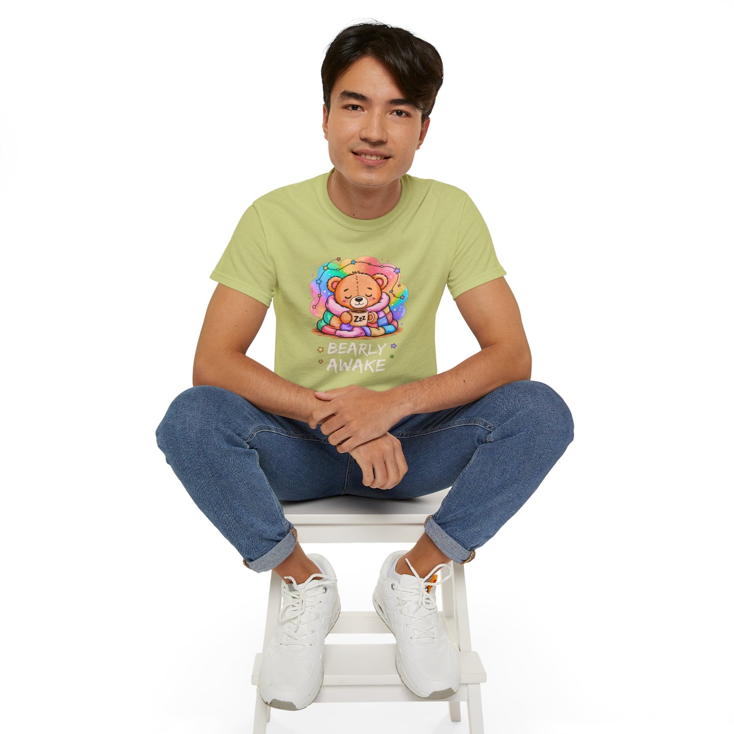 Bearly Awake Teddy Bear Tee | Cute Coffee Bear Wrapped in Rainbow Blanket