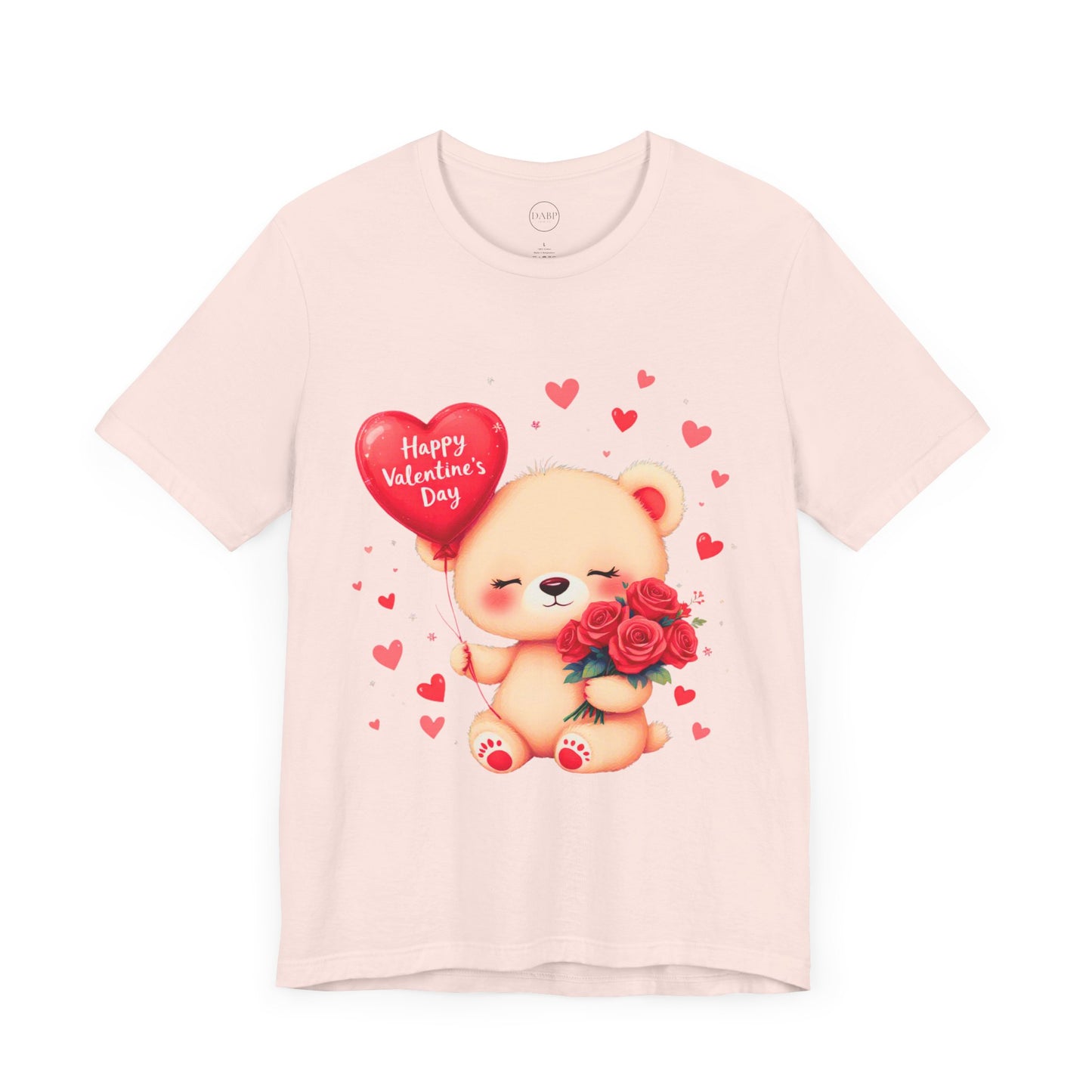 Bella+Canvas · 3001 Unisex Jersey Short Sleeve Tee - Valentine’s Day Bear, Balloon & Roses Design