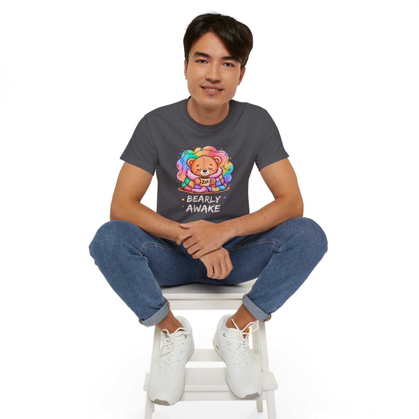 Bearly Awake Teddy Bear Tee | Cute Coffee Bear Wrapped in Rainbow Blanket