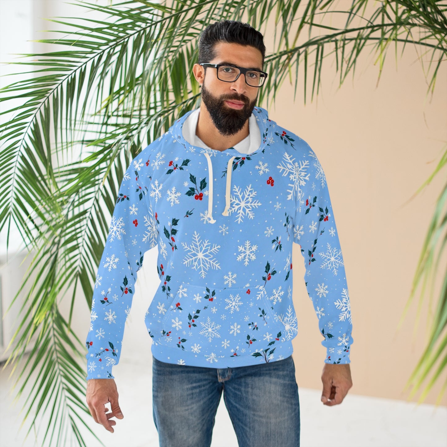 Sweat à capuche unisexe - Flocon de neige et houx d'hiver - Imprimé festif sur toute la surface