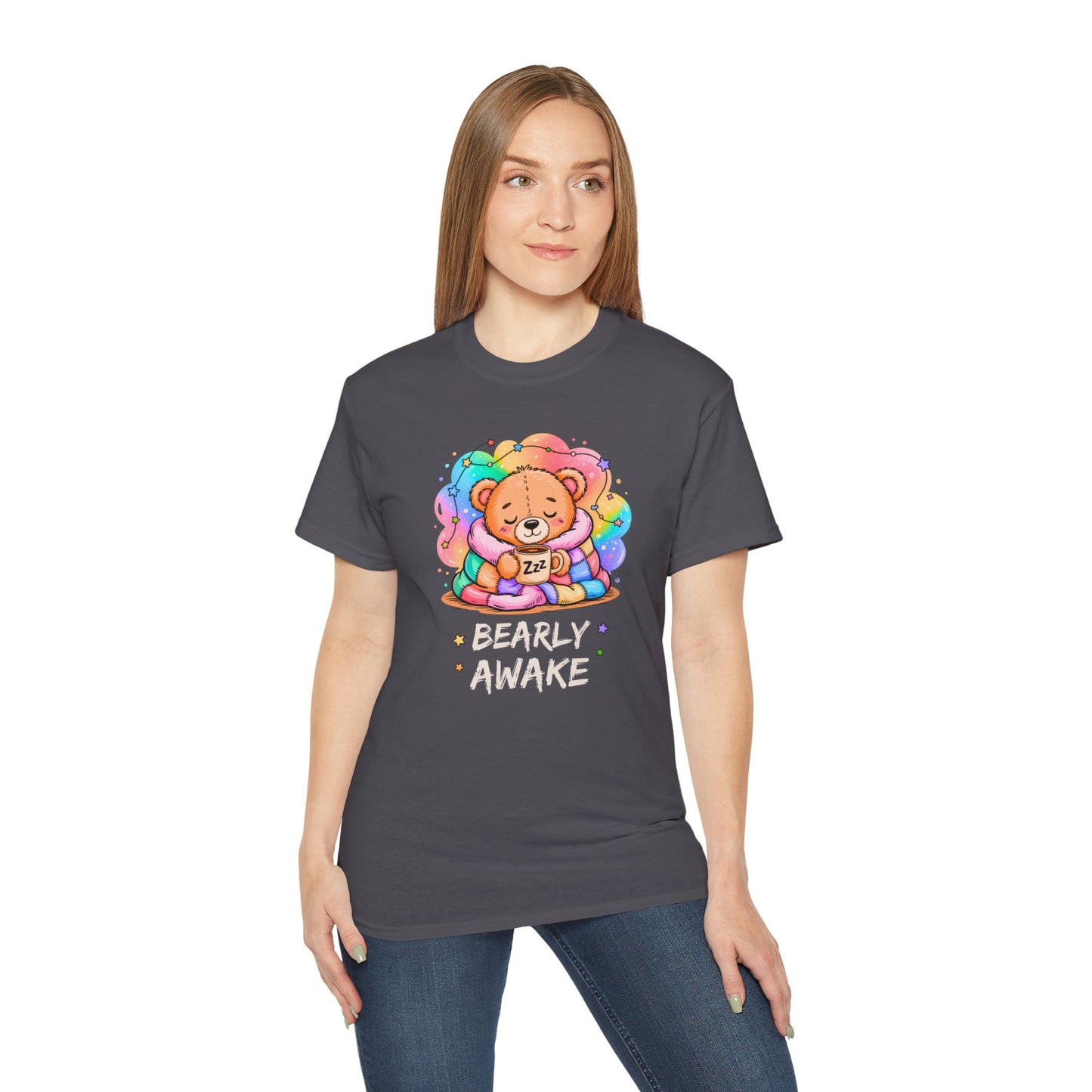 Bearly Awake Teddy Bear Tee | Cute Coffee Bear Wrapped in Rainbow Blanket