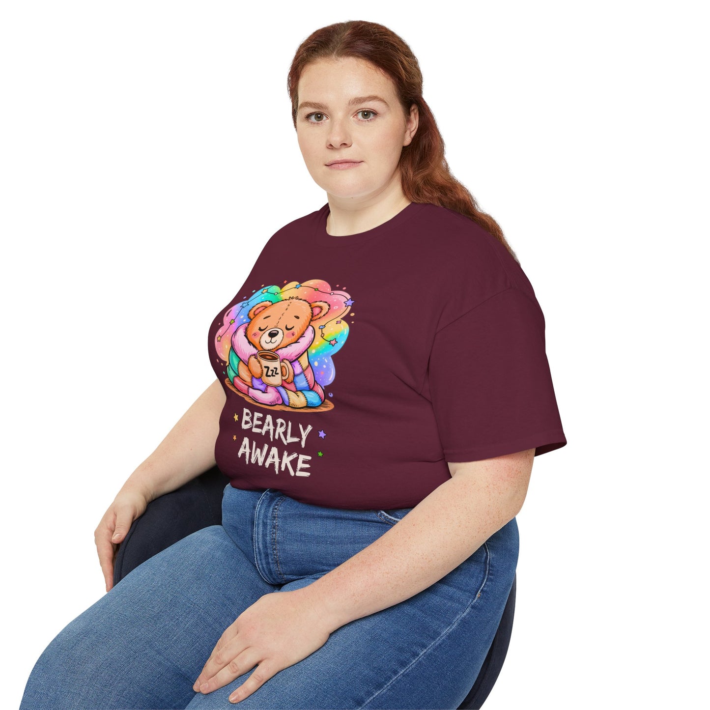 Bearly Awake Teddy Bear Tee | Cute Coffee Bear Wrapped in Rainbow Blanket