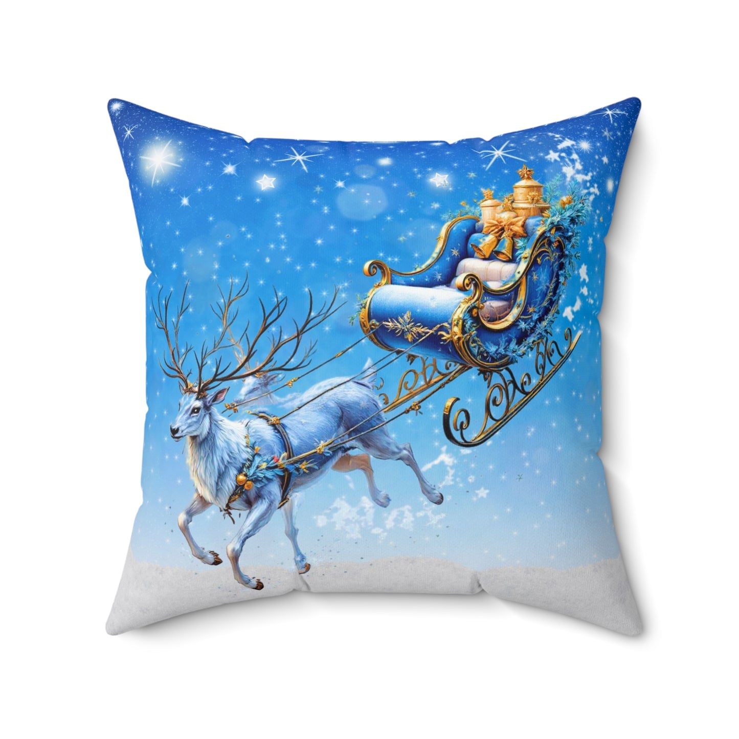 Enchanted Blue Reindeer Sleigh Christmas Pillow