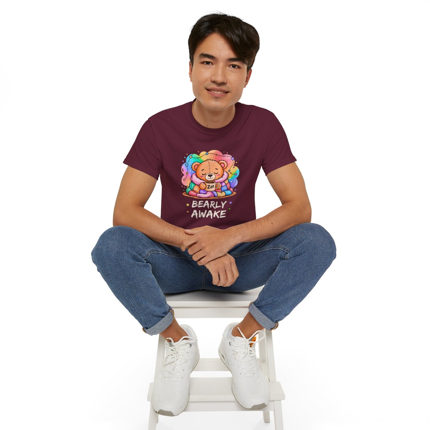 Bearly Awake Teddy Bear Tee | Cute Coffee Bear Wrapped in Rainbow Blanket