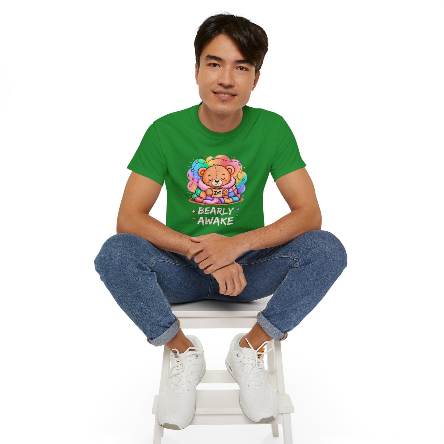 Bearly Awake Teddy Bear Tee | Cute Coffee Bear Wrapped in Rainbow Blanket