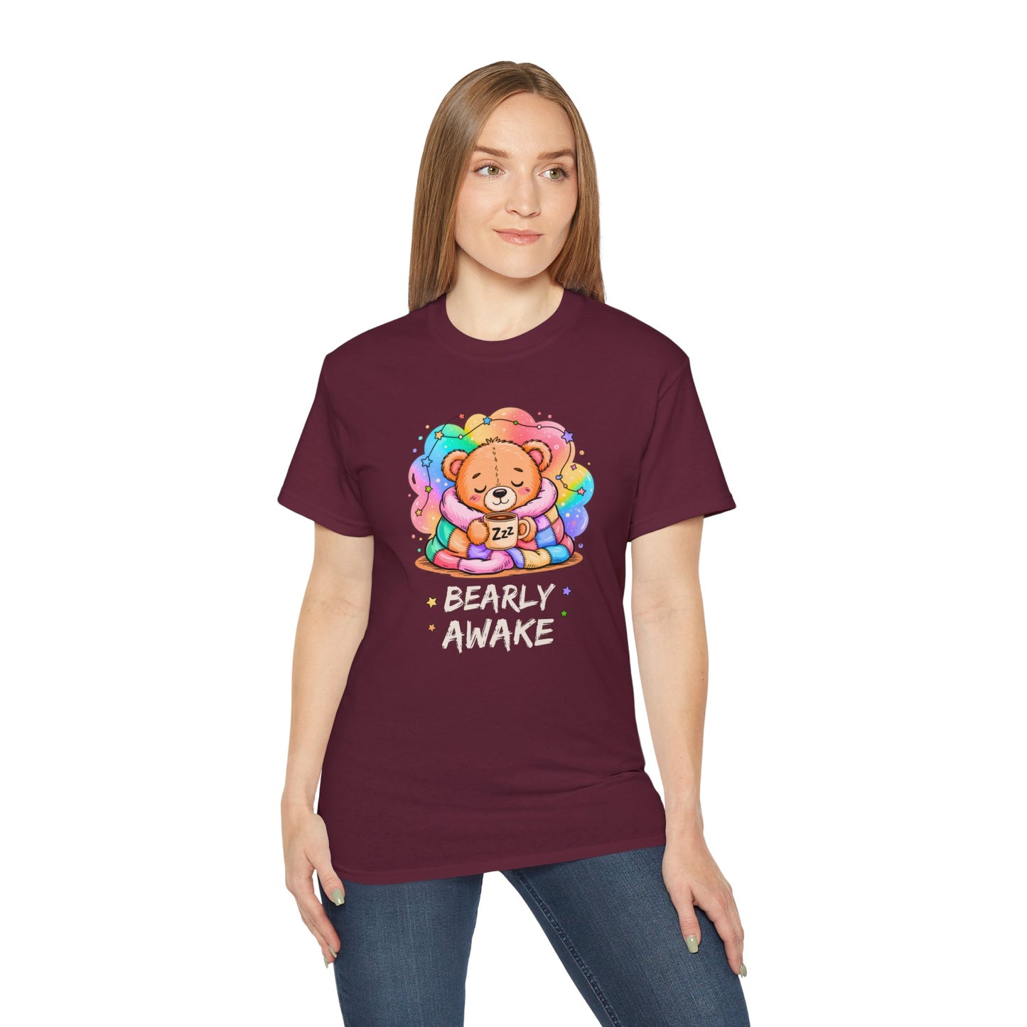 Bearly Awake Teddy Bear Tee | Cute Coffee Bear Wrapped in Rainbow Blanket