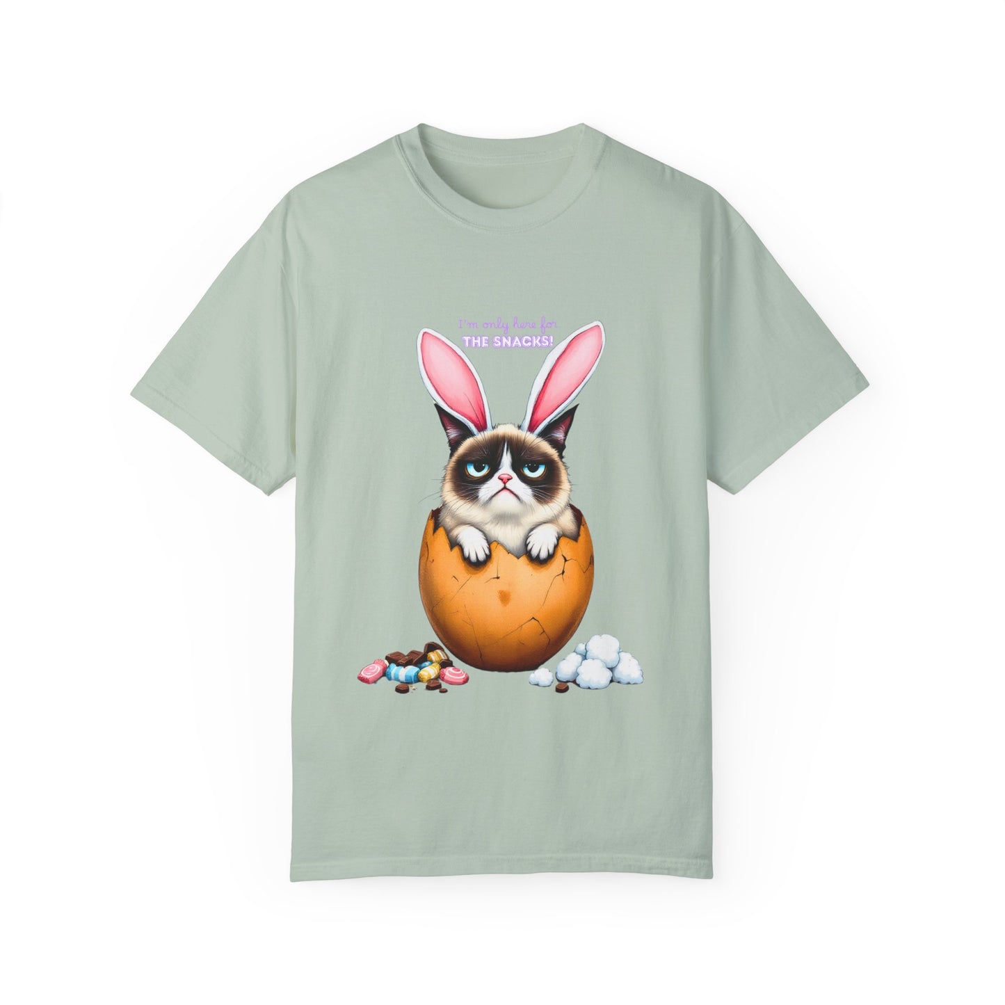 Comfort Colors 1717 Unisex Garment-Dyed T-shirt - “I’m Only Here for the Snacks” Funny Easter Bunny Cat Tee