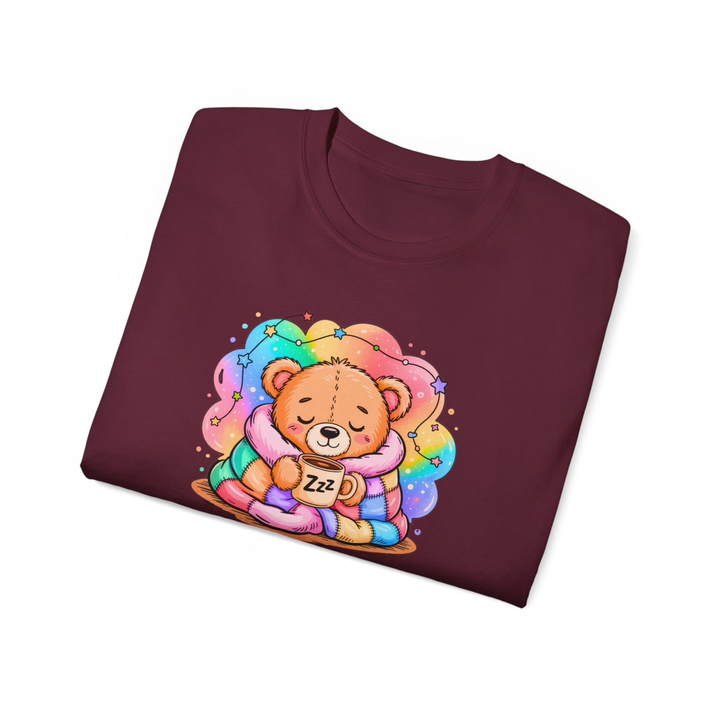 Bearly Awake Teddy Bear Tee | Cute Coffee Bear Wrapped in Rainbow Blanket