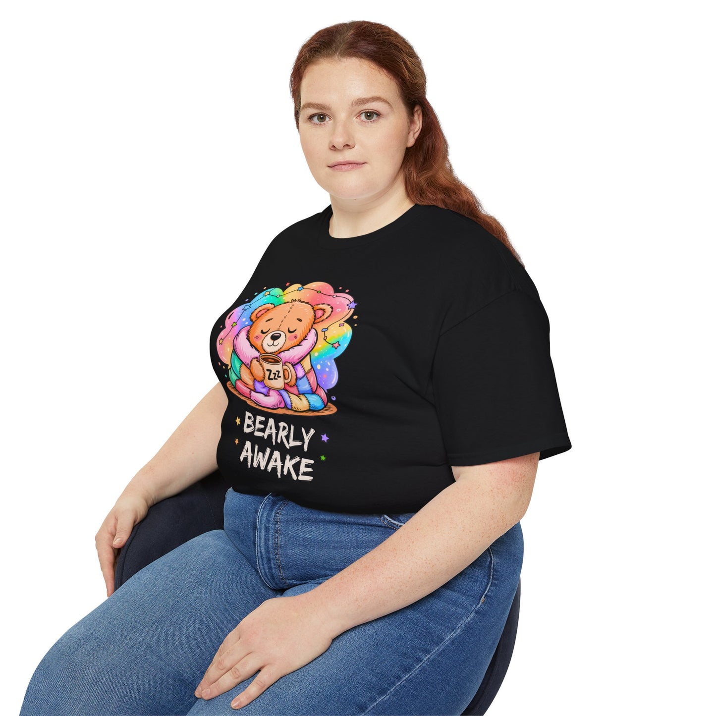 Bearly Awake Teddy Bear Tee | Cute Coffee Bear Wrapped in Rainbow Blanket