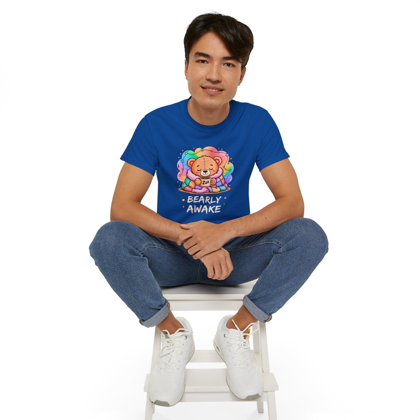 Bearly Awake Teddy Bear Tee | Cute Coffee Bear Wrapped in Rainbow Blanket