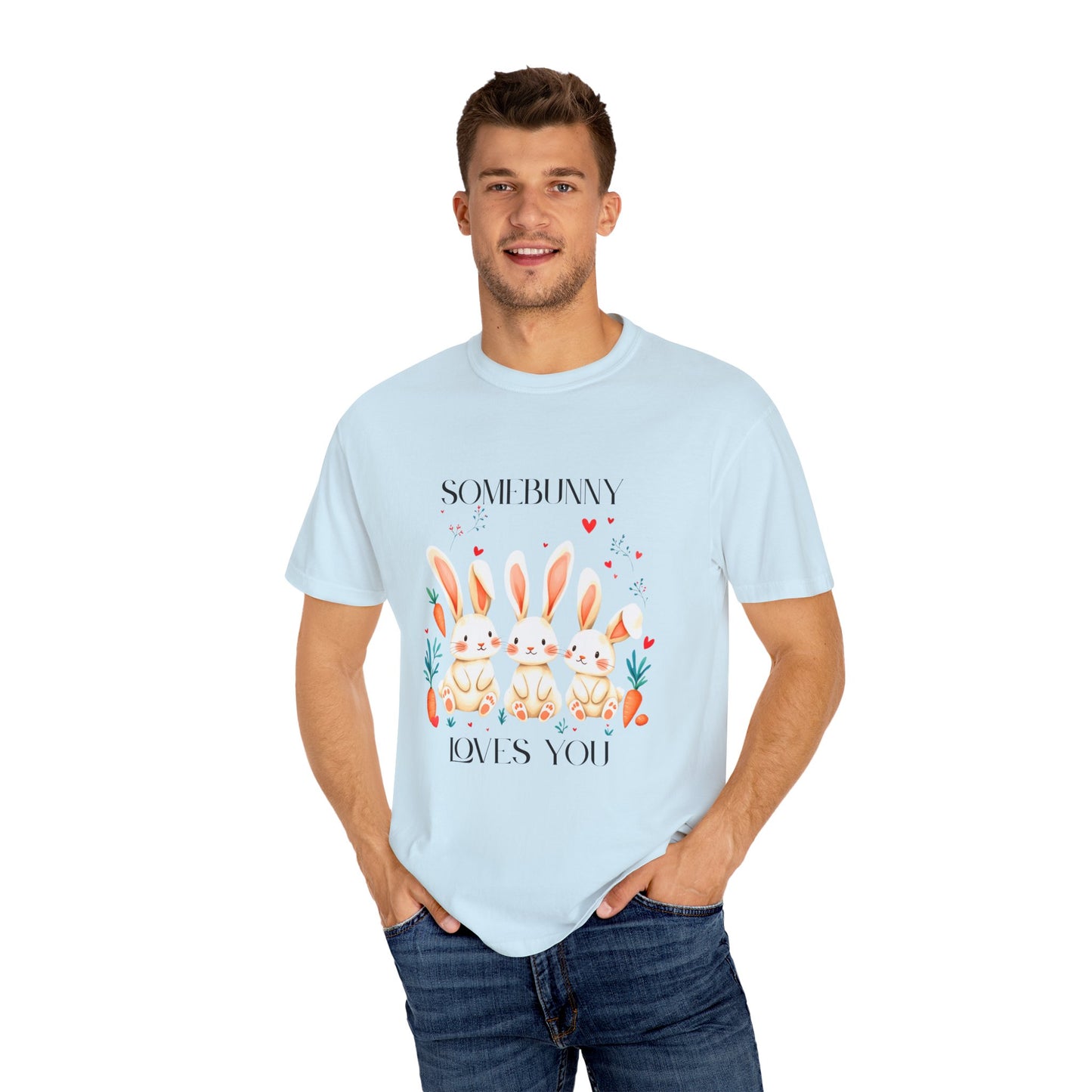 Comfort Colors 1717 Unisex Garment-Dyed T-shirt - “Somebunny Loves You” Trio Bunny Easter Tee