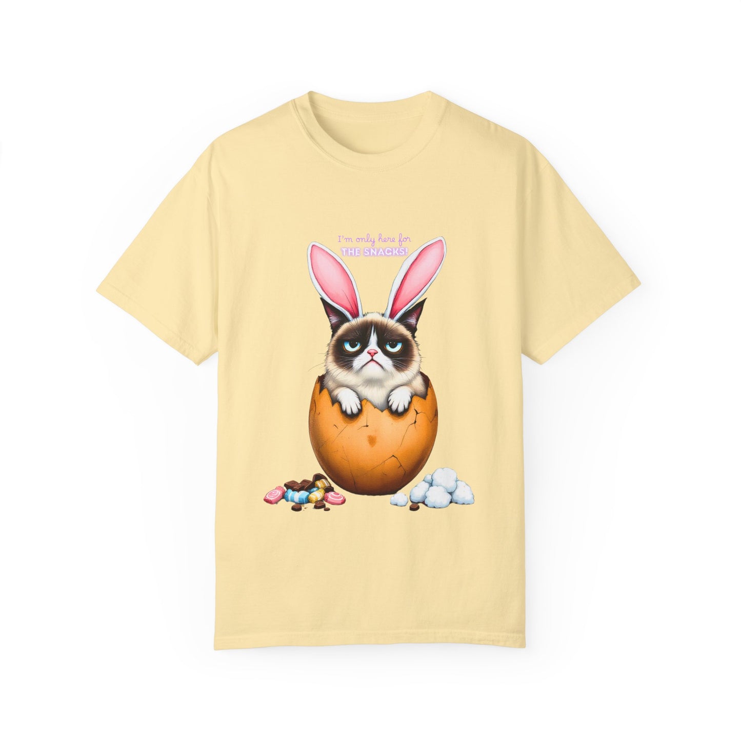 Comfort Colors 1717 Unisex Garment-Dyed T-shirt - “I’m Only Here for the Snacks” Funny Easter Bunny Cat Tee