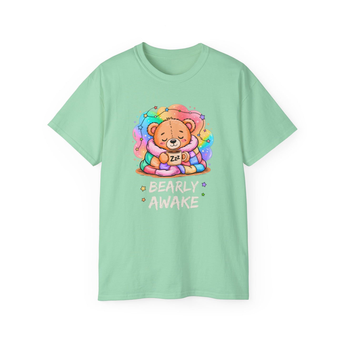 Bearly Awake Teddy Bear Tee | Cute Coffee Bear Wrapped in Rainbow Blanket