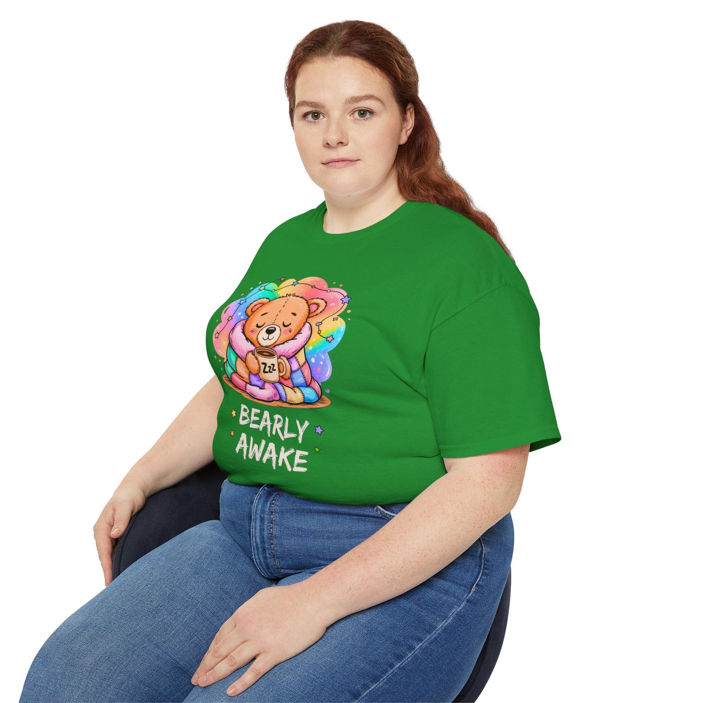 Bearly Awake Teddy Bear Tee | Cute Coffee Bear Wrapped in Rainbow Blanket