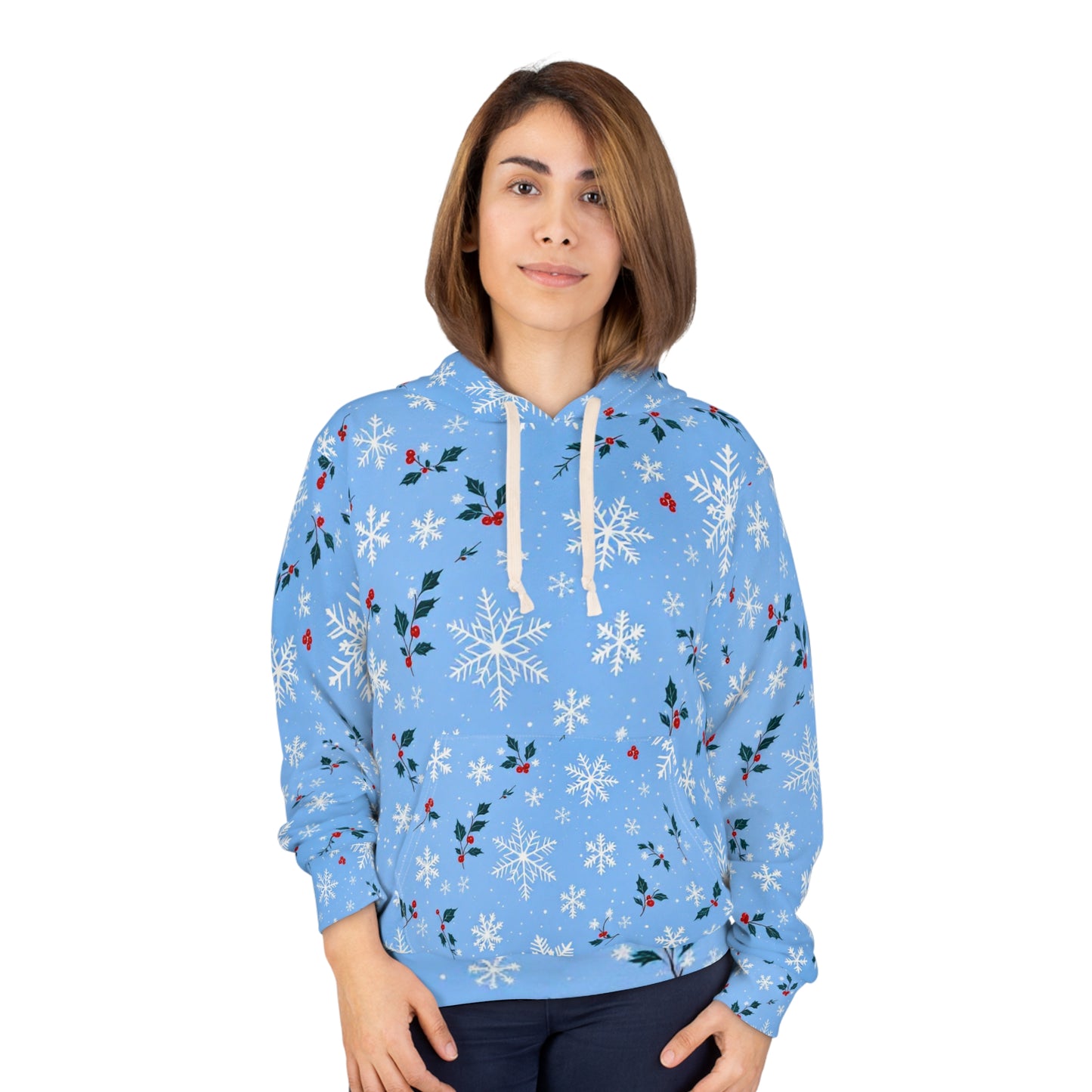 Sweat à capuche unisexe - Flocon de neige et houx d'hiver - Imprimé festif sur toute la surface