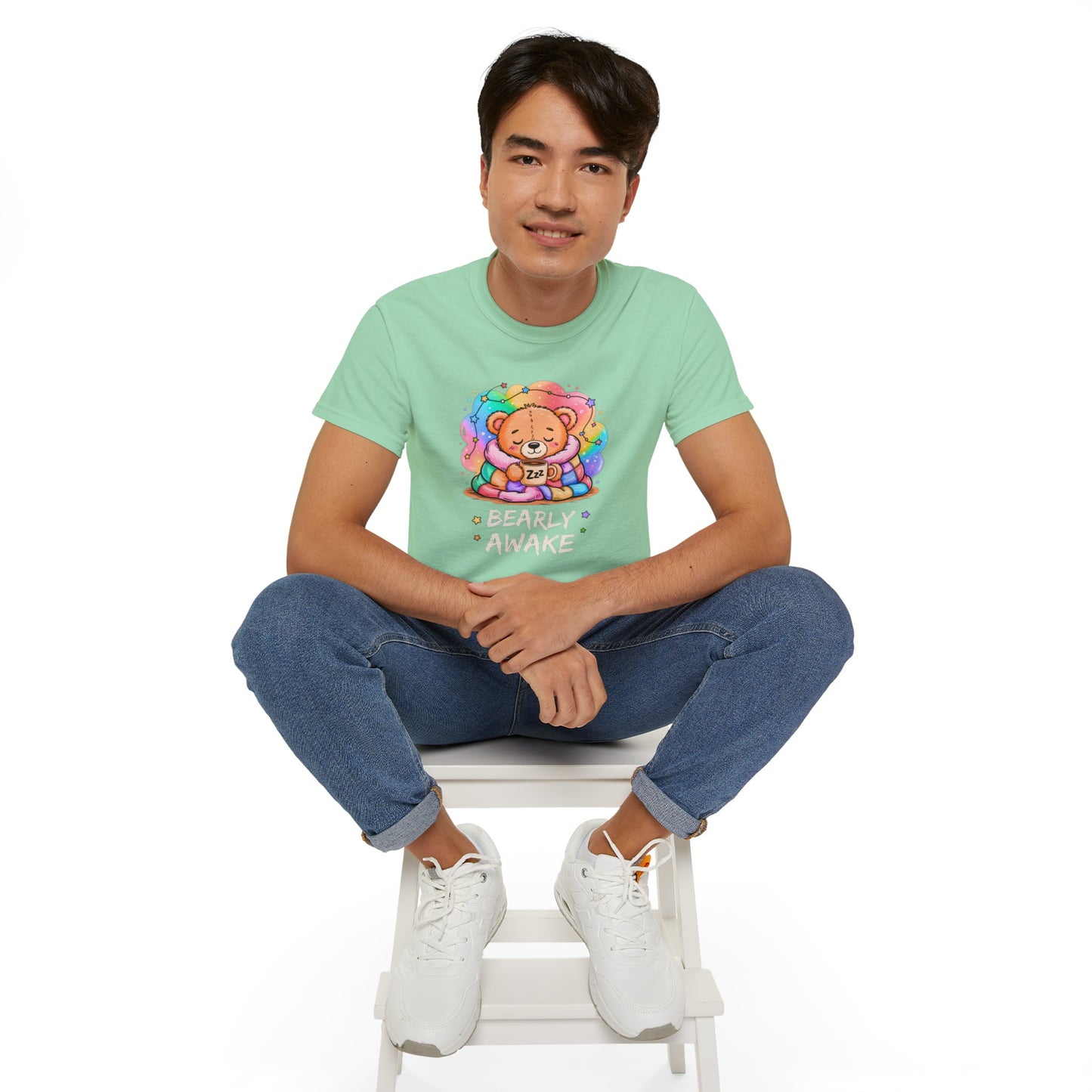 Bearly Awake Teddy Bear Tee | Cute Coffee Bear Wrapped in Rainbow Blanket