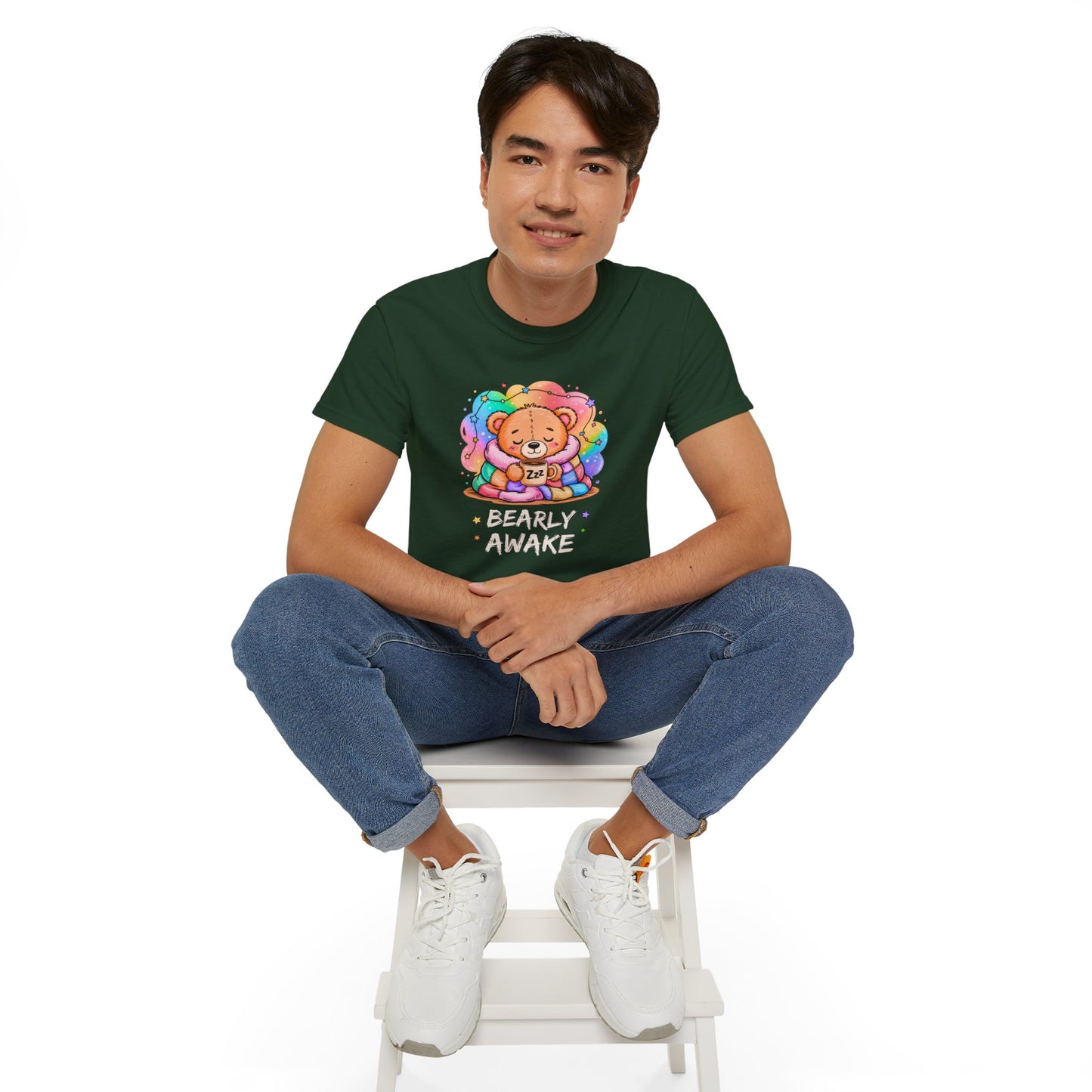 Bearly Awake Teddy Bear Tee | Cute Coffee Bear Wrapped in Rainbow Blanket