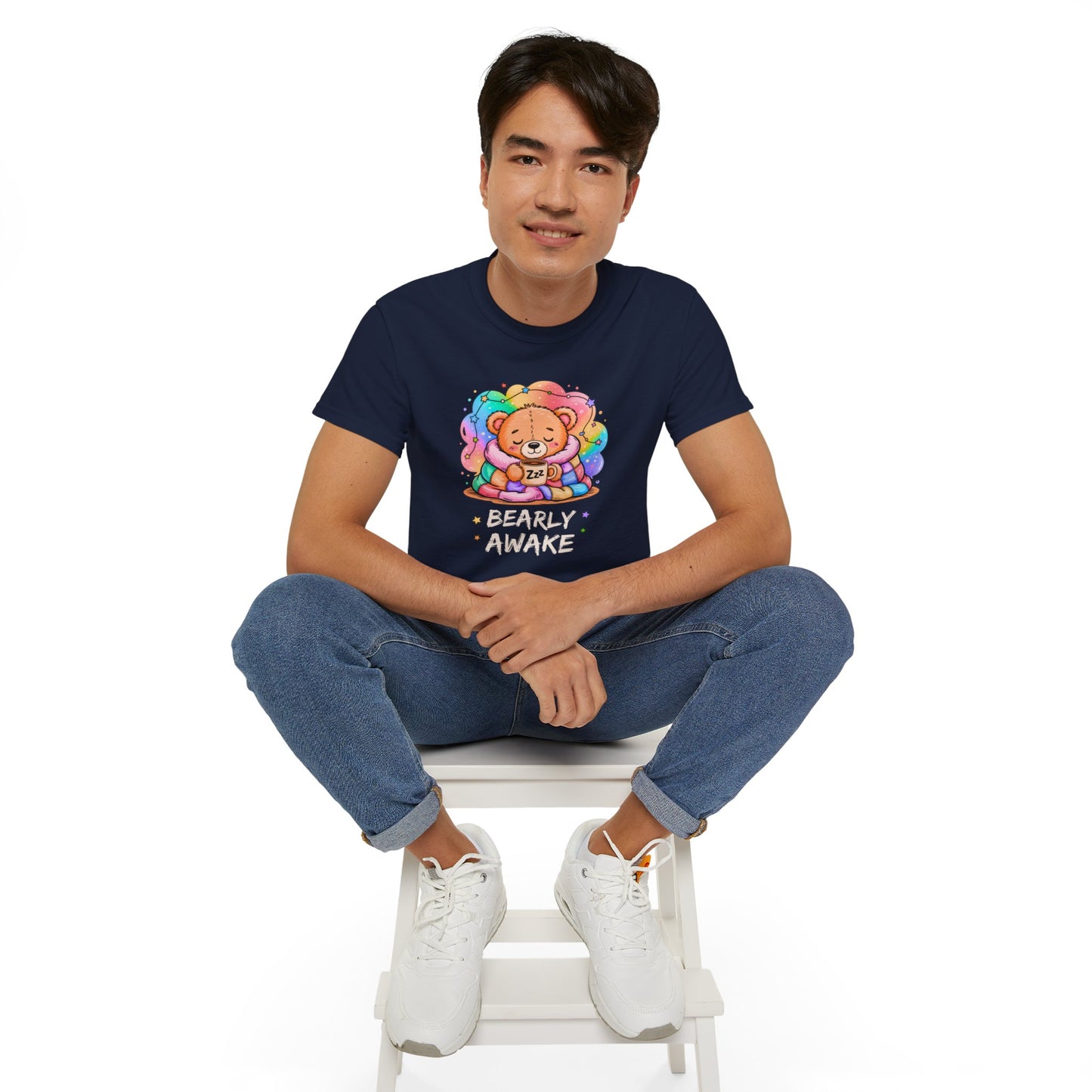 Bearly Awake Teddy Bear Tee | Cute Coffee Bear Wrapped in Rainbow Blanket