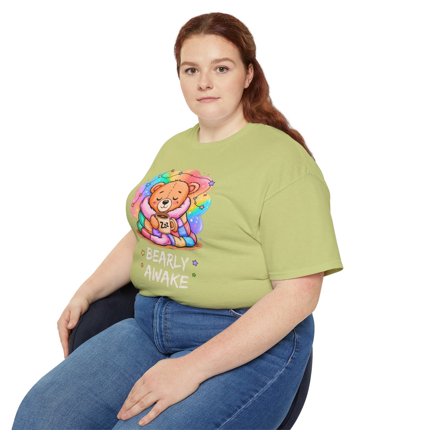 Bearly Awake Teddy Bear Tee | Cute Coffee Bear Wrapped in Rainbow Blanket