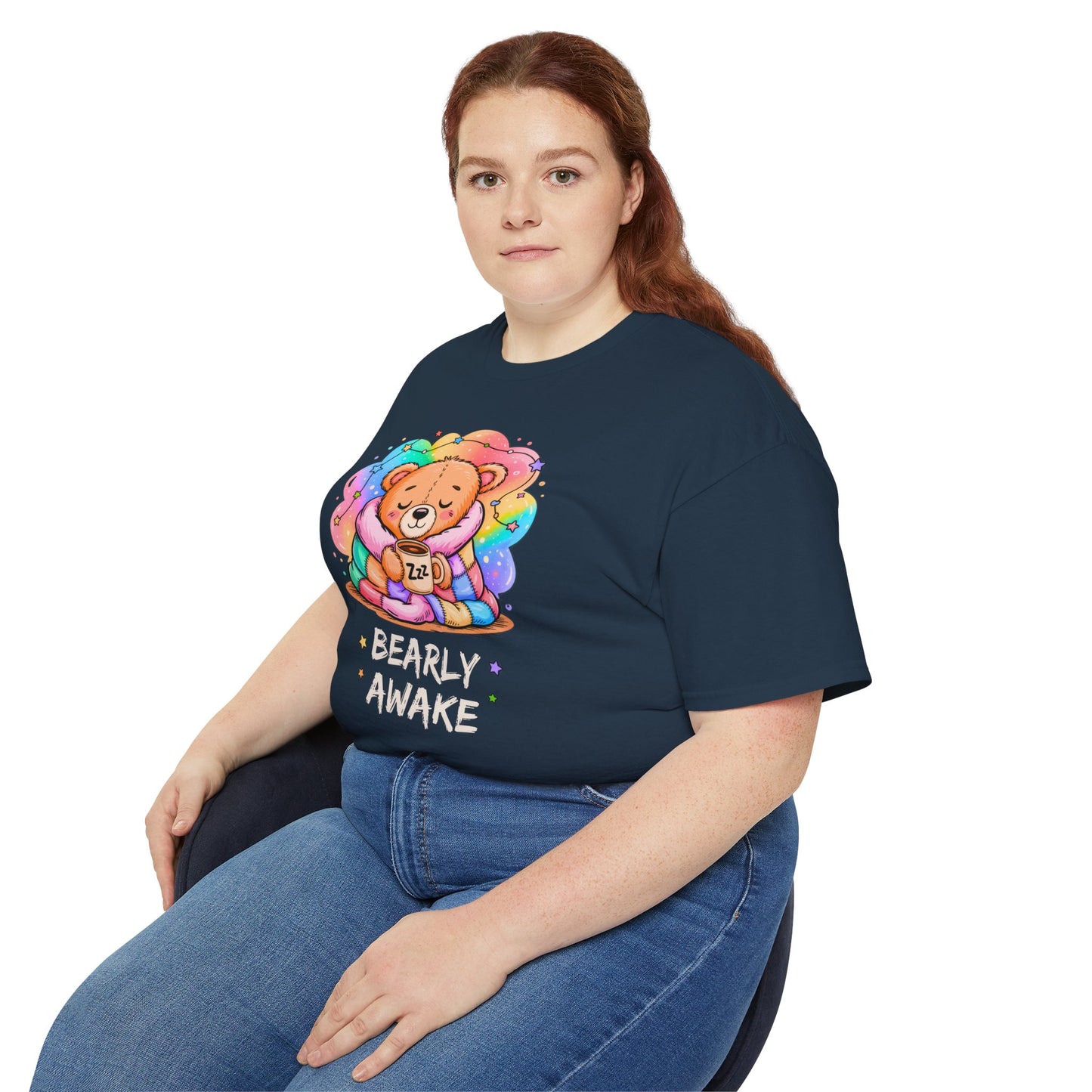 Bearly Awake Teddy Bear Tee | Cute Coffee Bear Wrapped in Rainbow Blanket