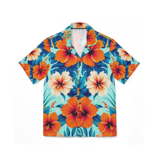 Men's Hawaiian Camp Shirt with a vibrant multicolor floral pattern on a blue background