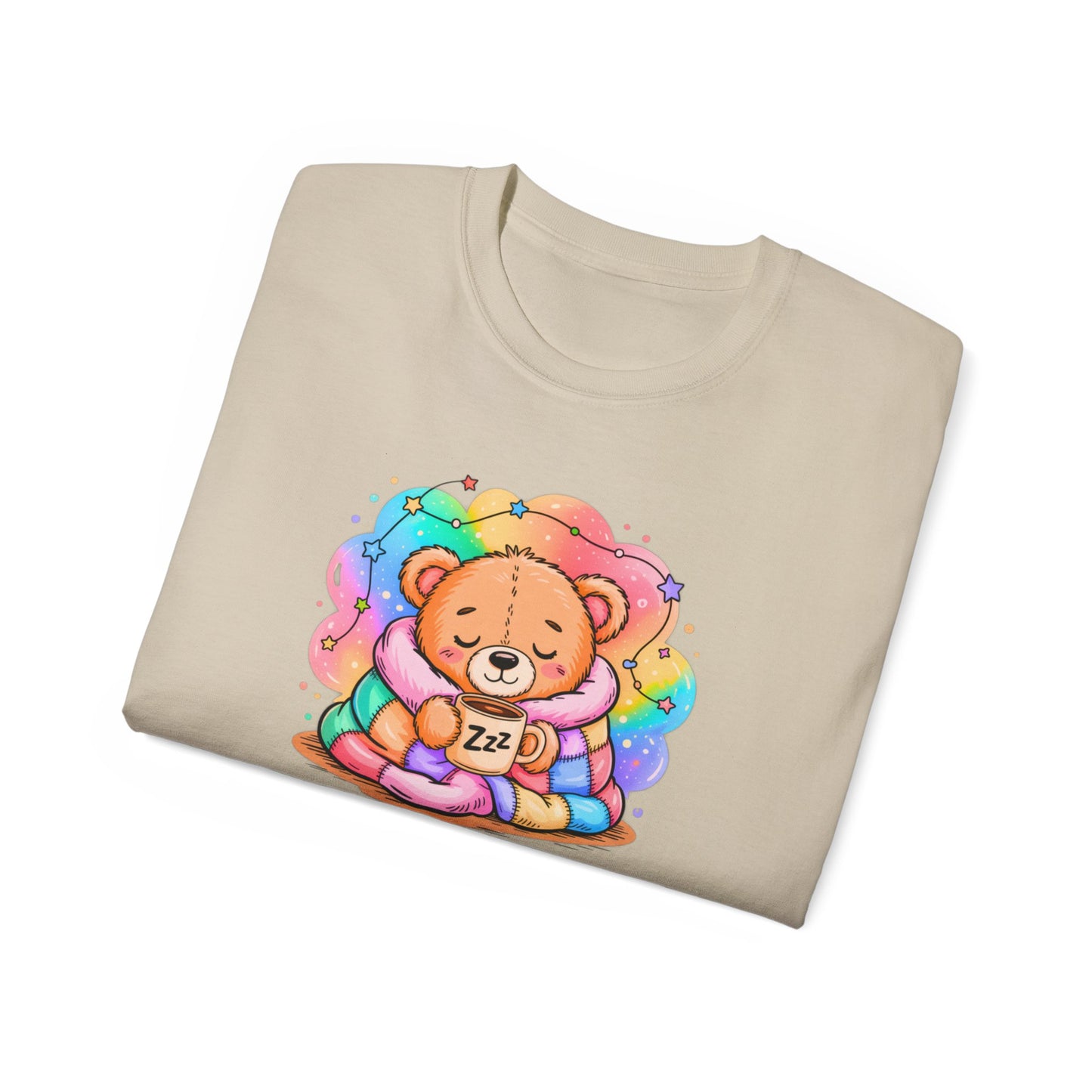 Bearly Awake Teddy Bear Tee | Cute Coffee Bear Wrapped in Rainbow Blanket