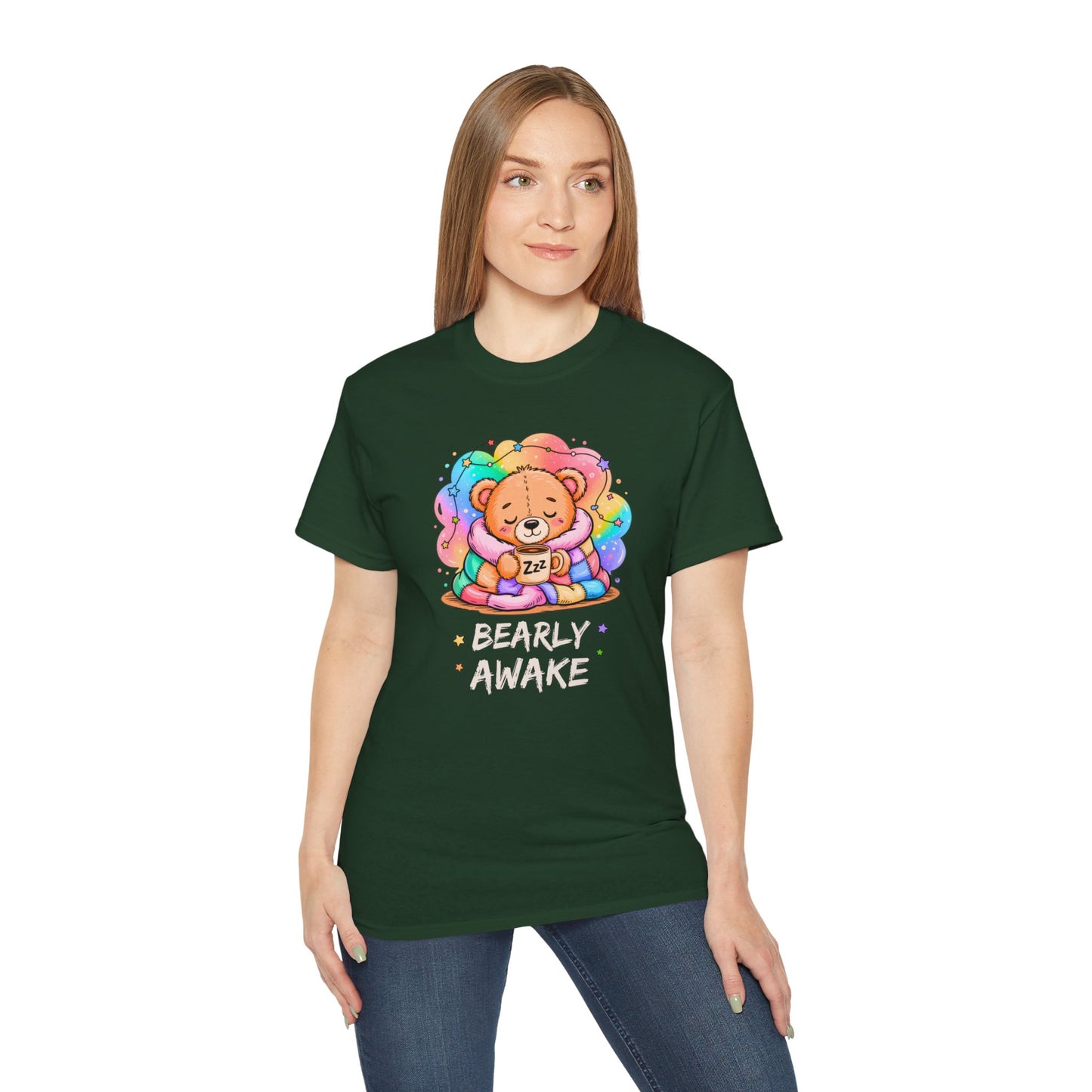 Bearly Awake Teddy Bear Tee | Cute Coffee Bear Wrapped in Rainbow Blanket