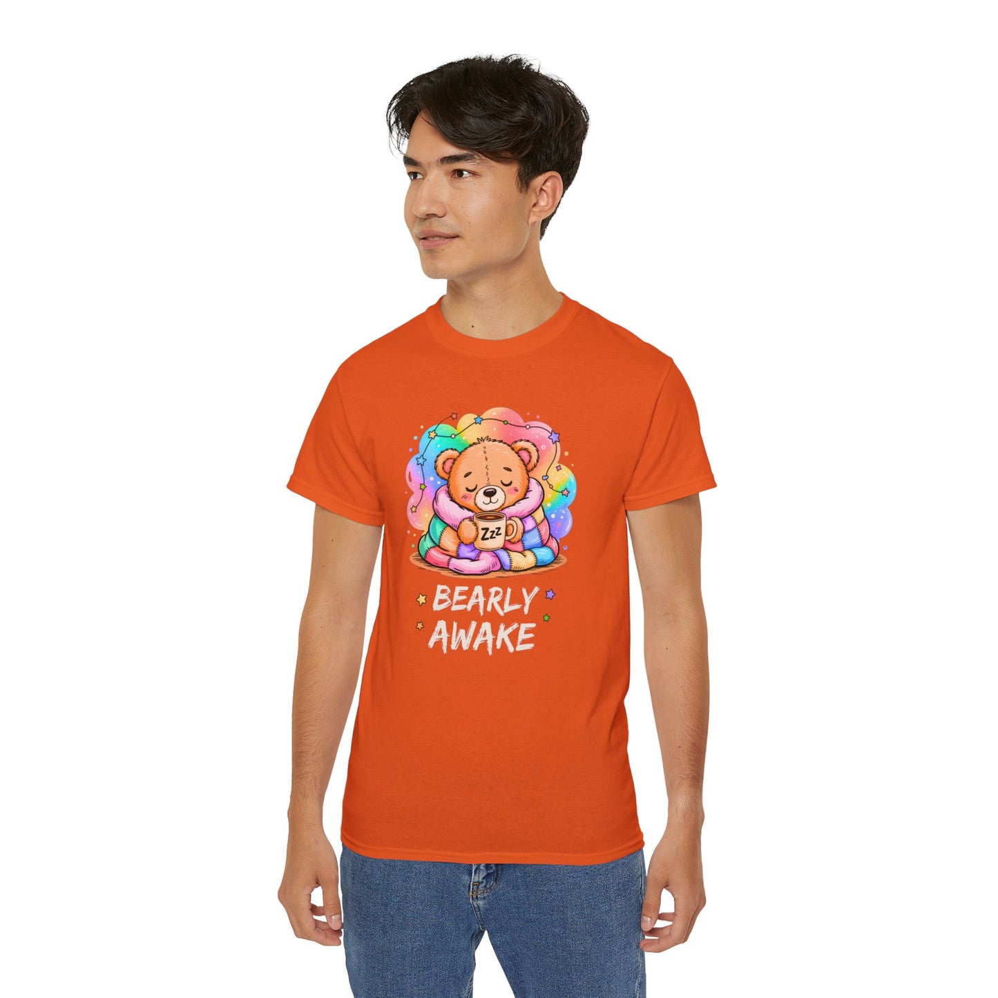 Bearly Awake Teddy Bear Tee | Cute Coffee Bear Wrapped in Rainbow Blanket