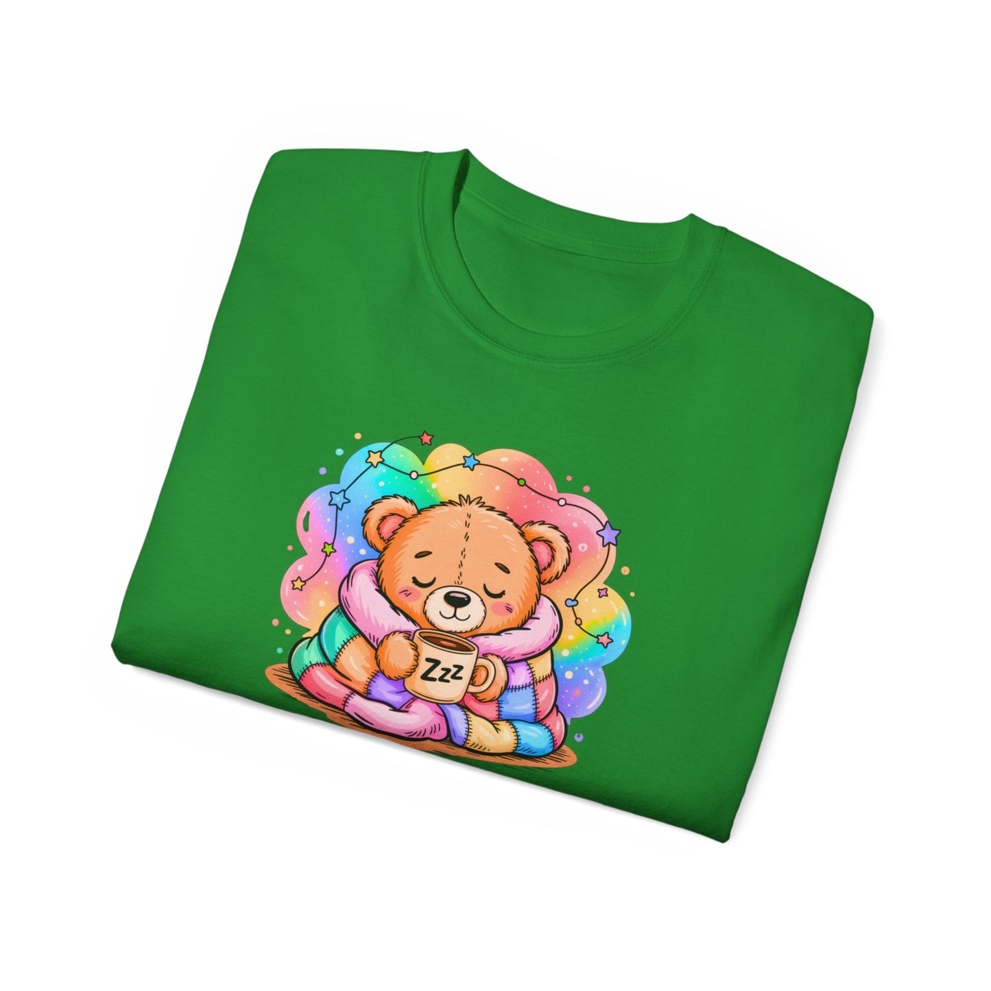 Bearly Awake Teddy Bear Tee | Cute Coffee Bear Wrapped in Rainbow Blanket
