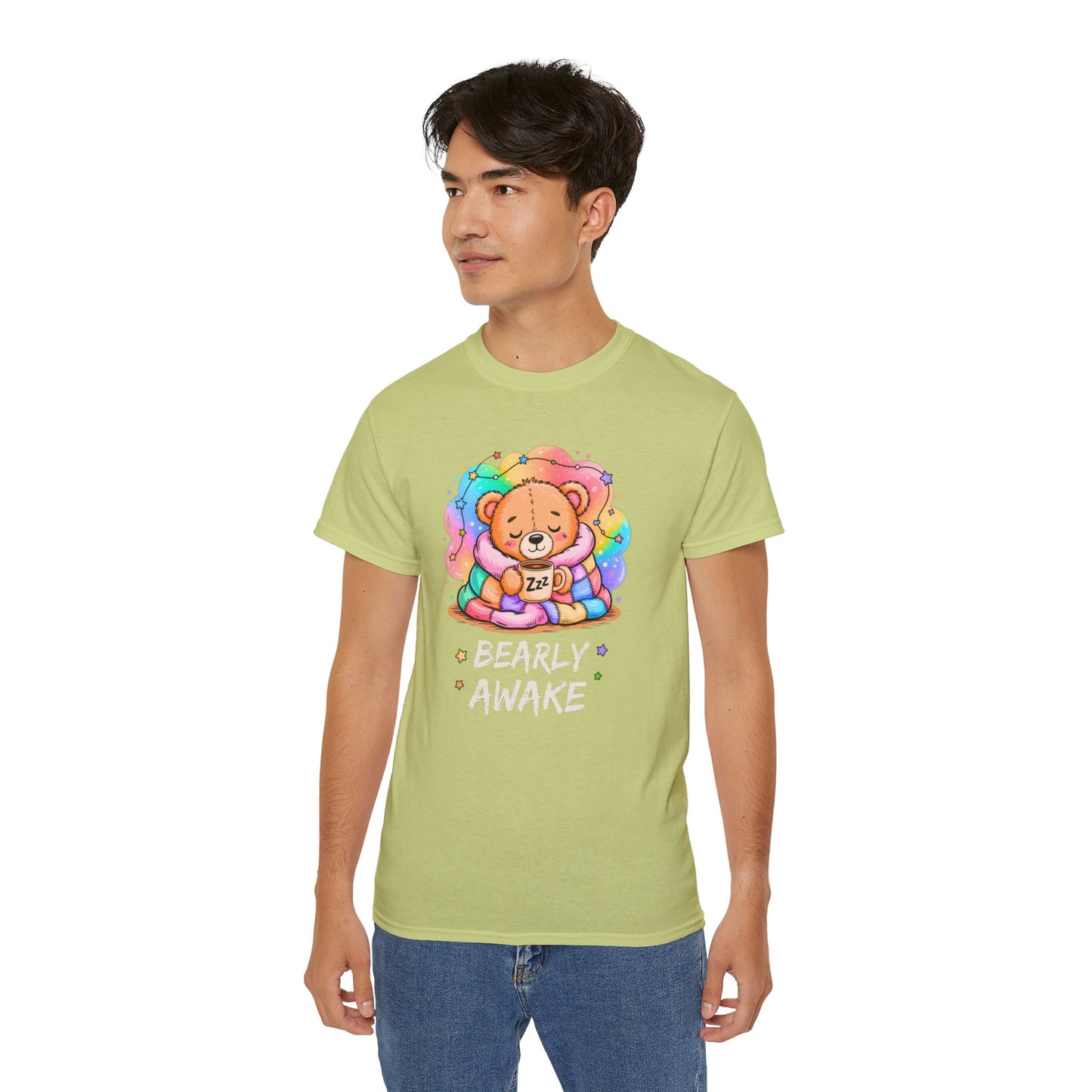 Bearly Awake Teddy Bear Tee | Cute Coffee Bear Wrapped in Rainbow Blanket