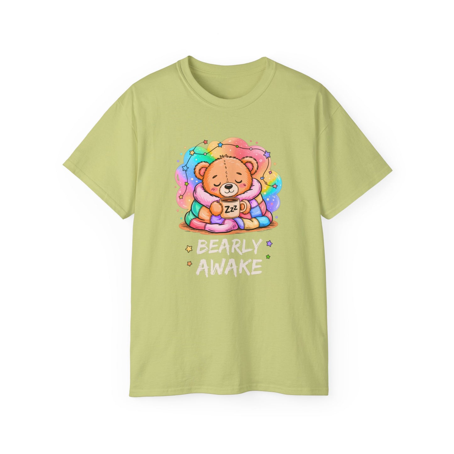 Bearly Awake Teddy Bear Tee | Cute Coffee Bear Wrapped in Rainbow Blanket