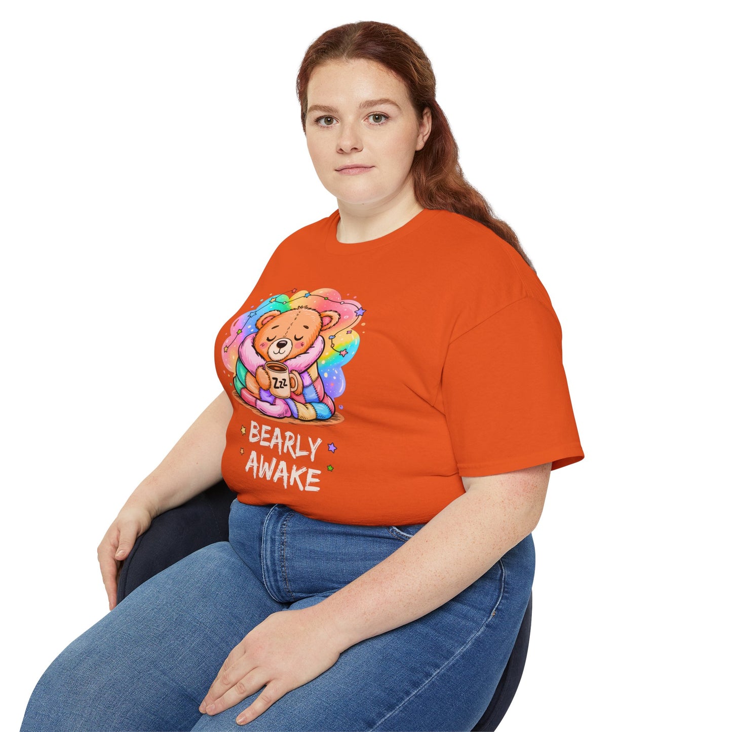 Bearly Awake Teddy Bear Tee | Cute Coffee Bear Wrapped in Rainbow Blanket
