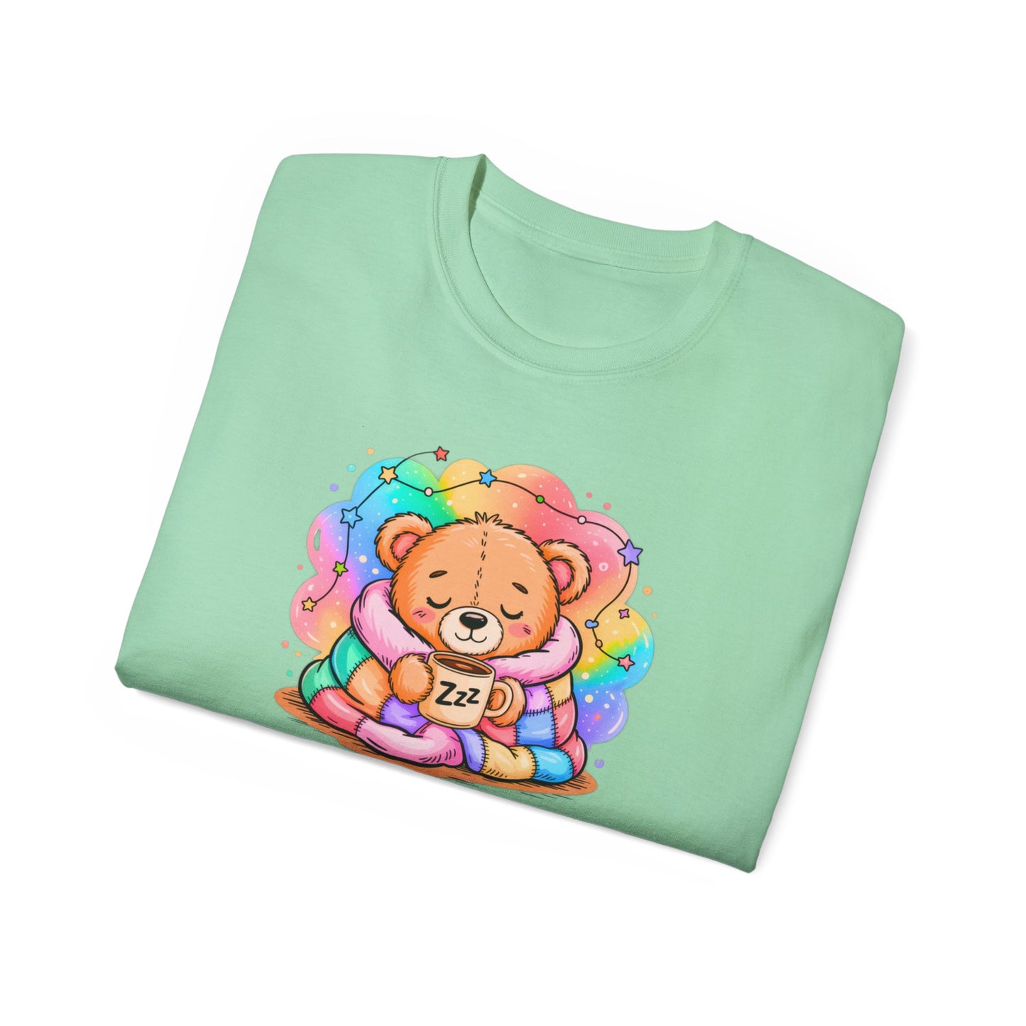 Bearly Awake Teddy Bear Tee | Cute Coffee Bear Wrapped in Rainbow Blanket