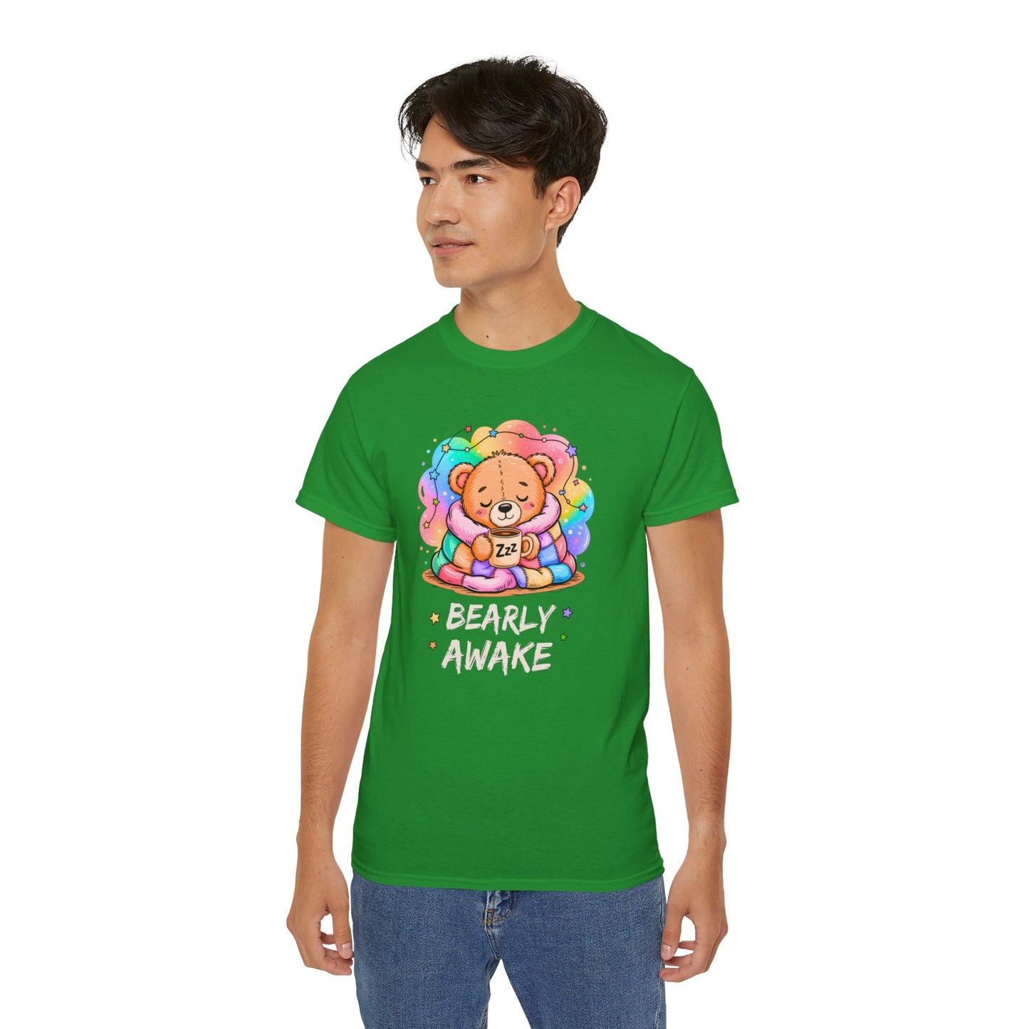 Bearly Awake Teddy Bear Tee | Cute Coffee Bear Wrapped in Rainbow Blanket