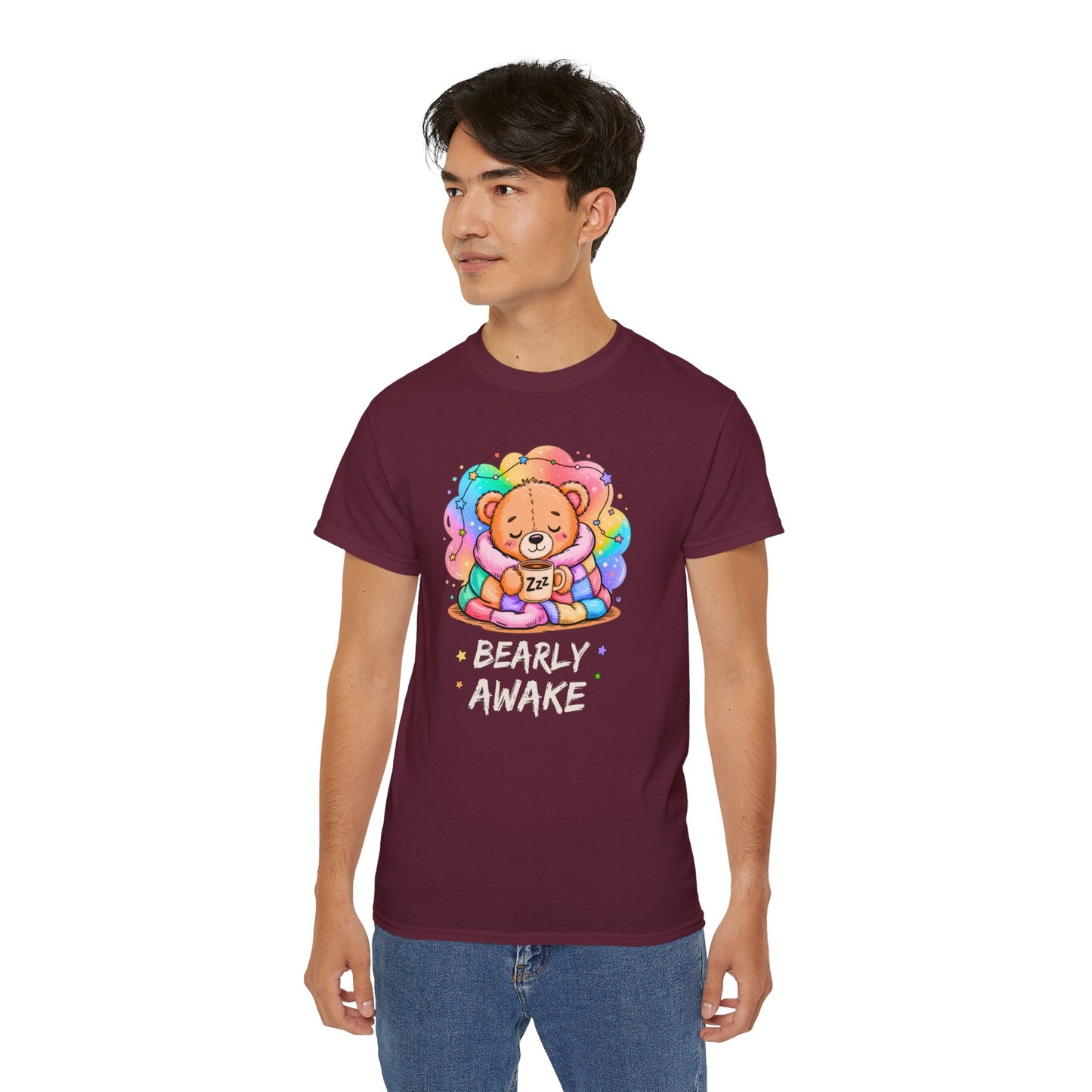 Bearly Awake Teddy Bear Tee | Cute Coffee Bear Wrapped in Rainbow Blanket