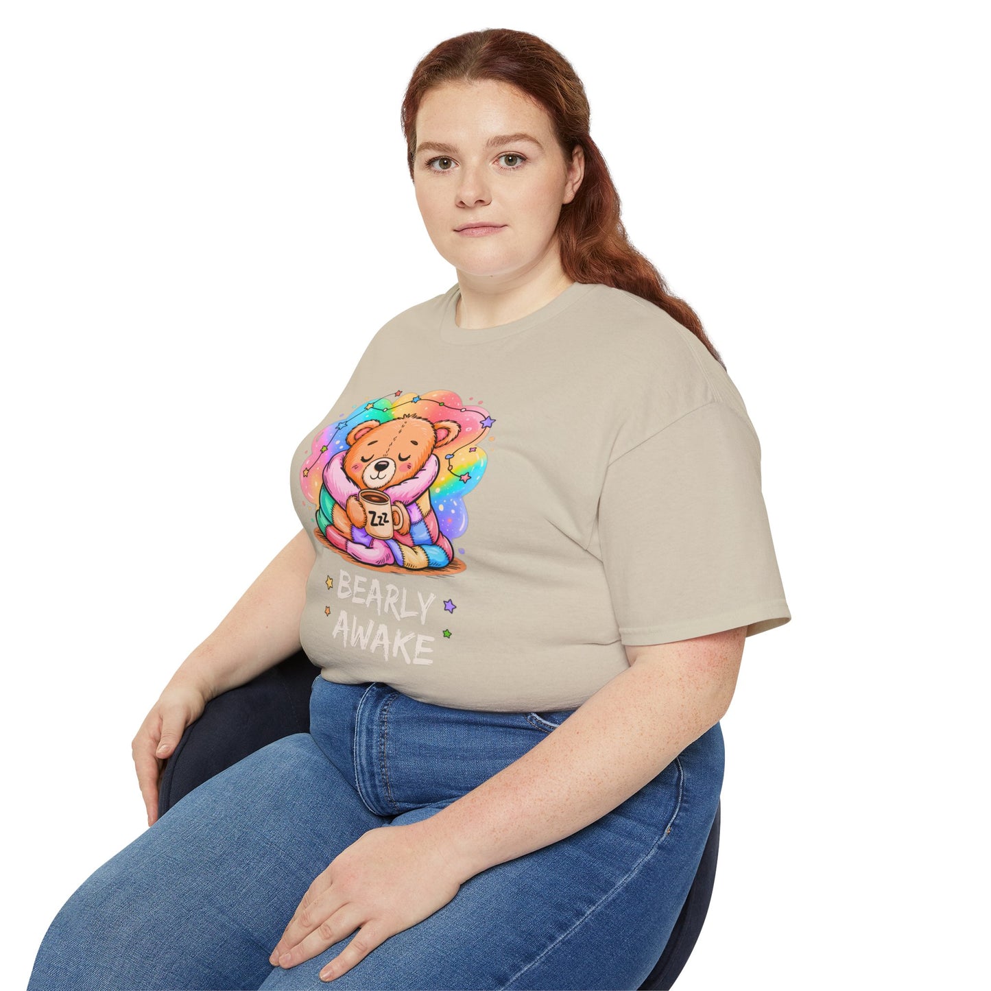 Bearly Awake Teddy Bear Tee | Cute Coffee Bear Wrapped in Rainbow Blanket