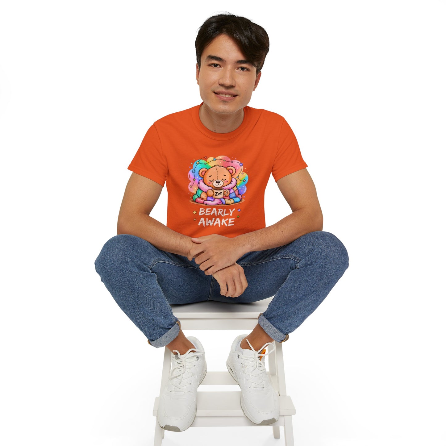 Bearly Awake Teddy Bear Tee | Cute Coffee Bear Wrapped in Rainbow Blanket