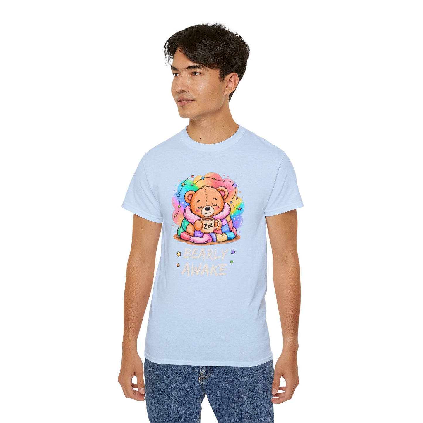Bearly Awake Teddy Bear Tee | Cute Coffee Bear Wrapped in Rainbow Blanket