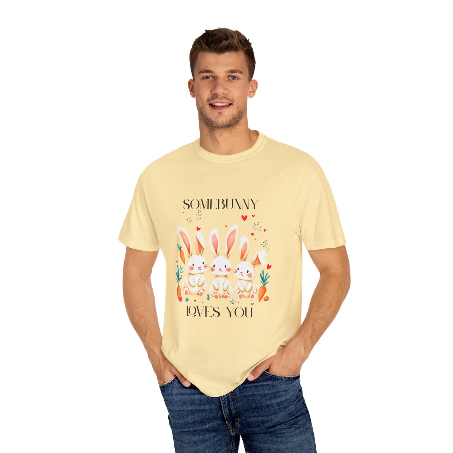 Comfort Colors 1717 Unisex Garment-Dyed T-shirt - “Somebunny Loves You” Trio Bunny Easter Tee