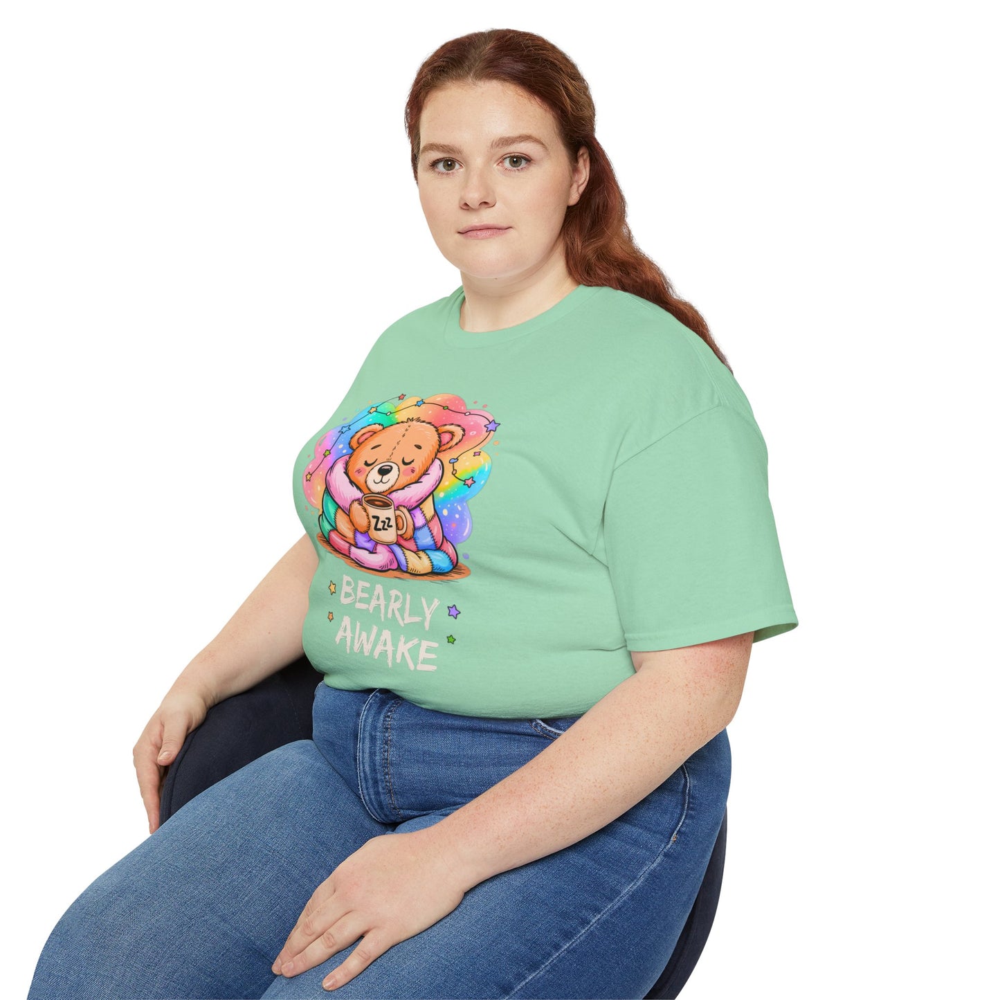 Bearly Awake Teddy Bear Tee | Cute Coffee Bear Wrapped in Rainbow Blanket
