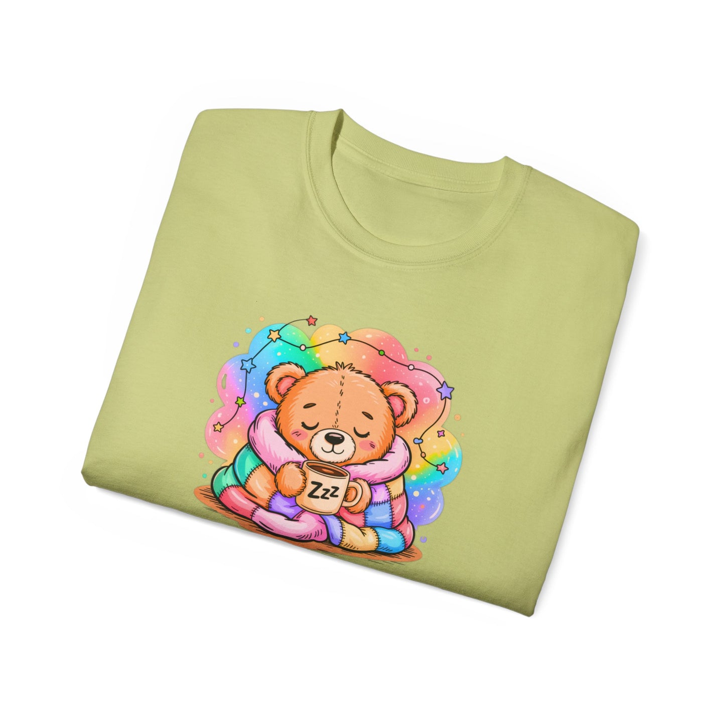 Bearly Awake Teddy Bear Tee | Cute Coffee Bear Wrapped in Rainbow Blanket