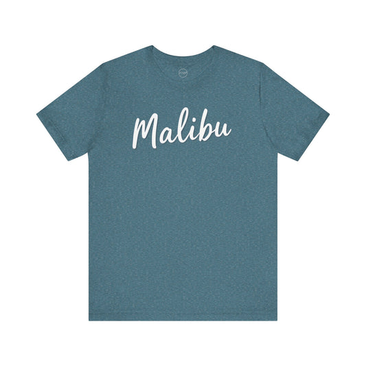 A gray Bella+Canvas 3001 unisex jersey short sleeve tee with the word 'Malibu' printed in a curved script on the front.