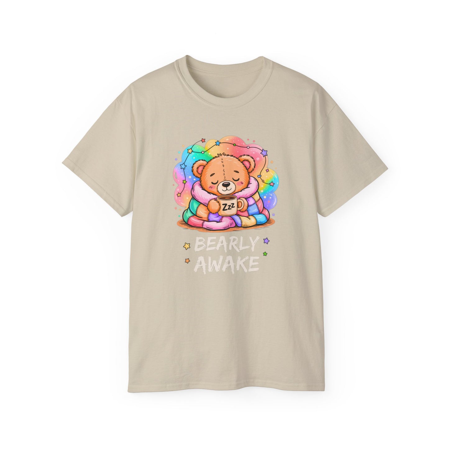 Bearly Awake Teddy Bear Tee | Cute Coffee Bear Wrapped in Rainbow Blanket