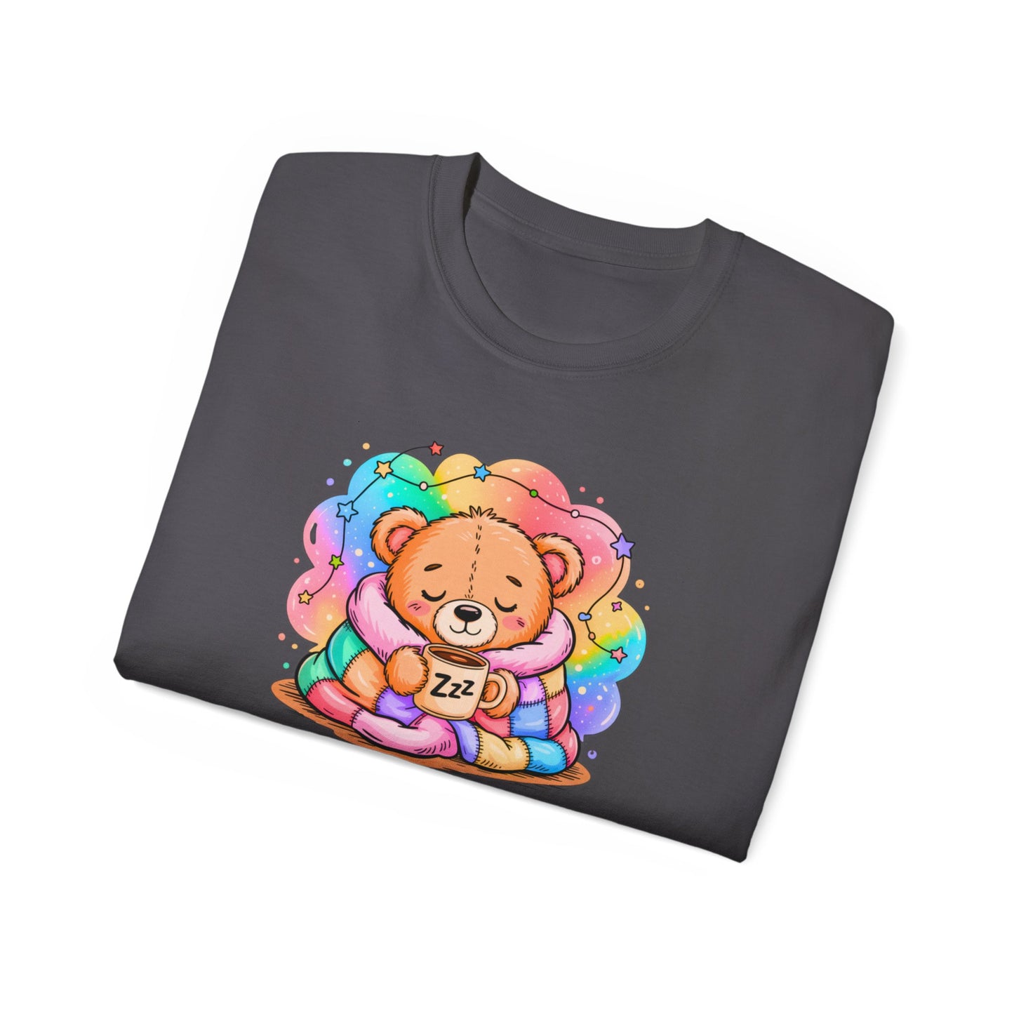 Bearly Awake Teddy Bear Tee | Cute Coffee Bear Wrapped in Rainbow Blanket