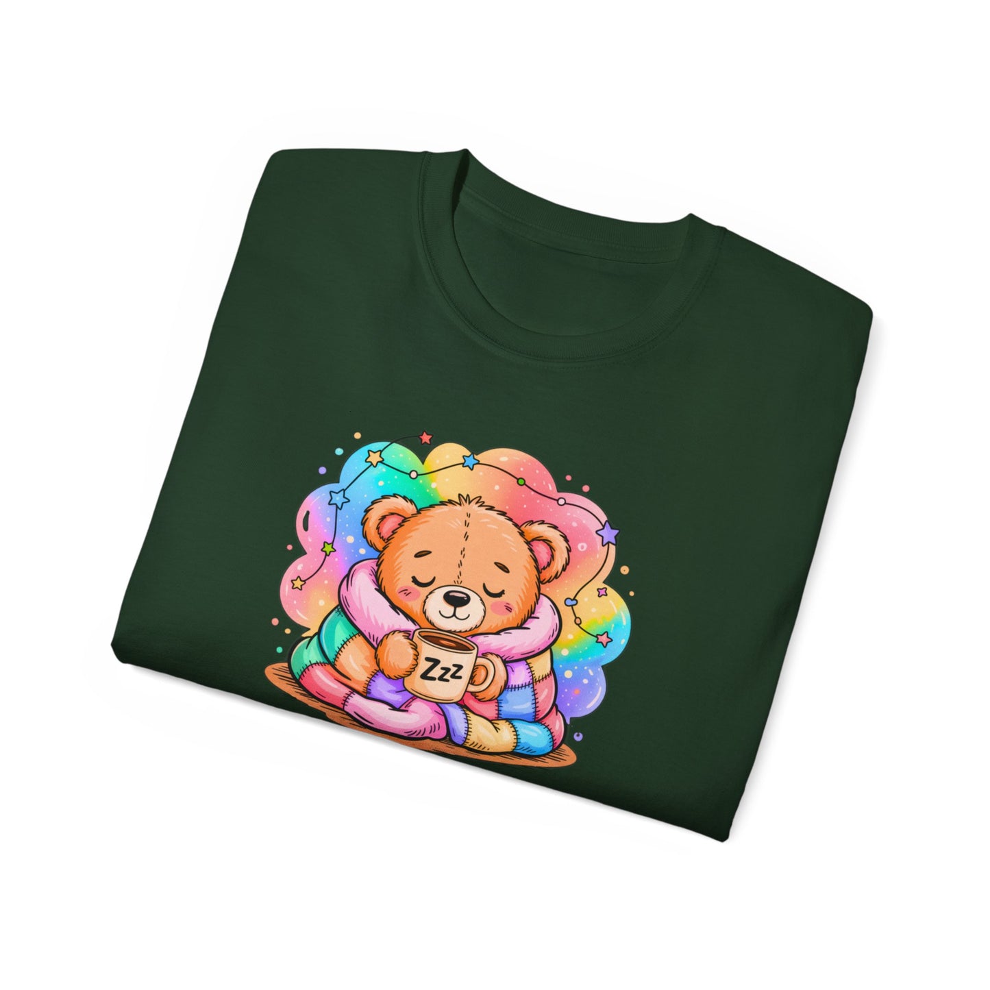 Bearly Awake Teddy Bear Tee | Cute Coffee Bear Wrapped in Rainbow Blanket