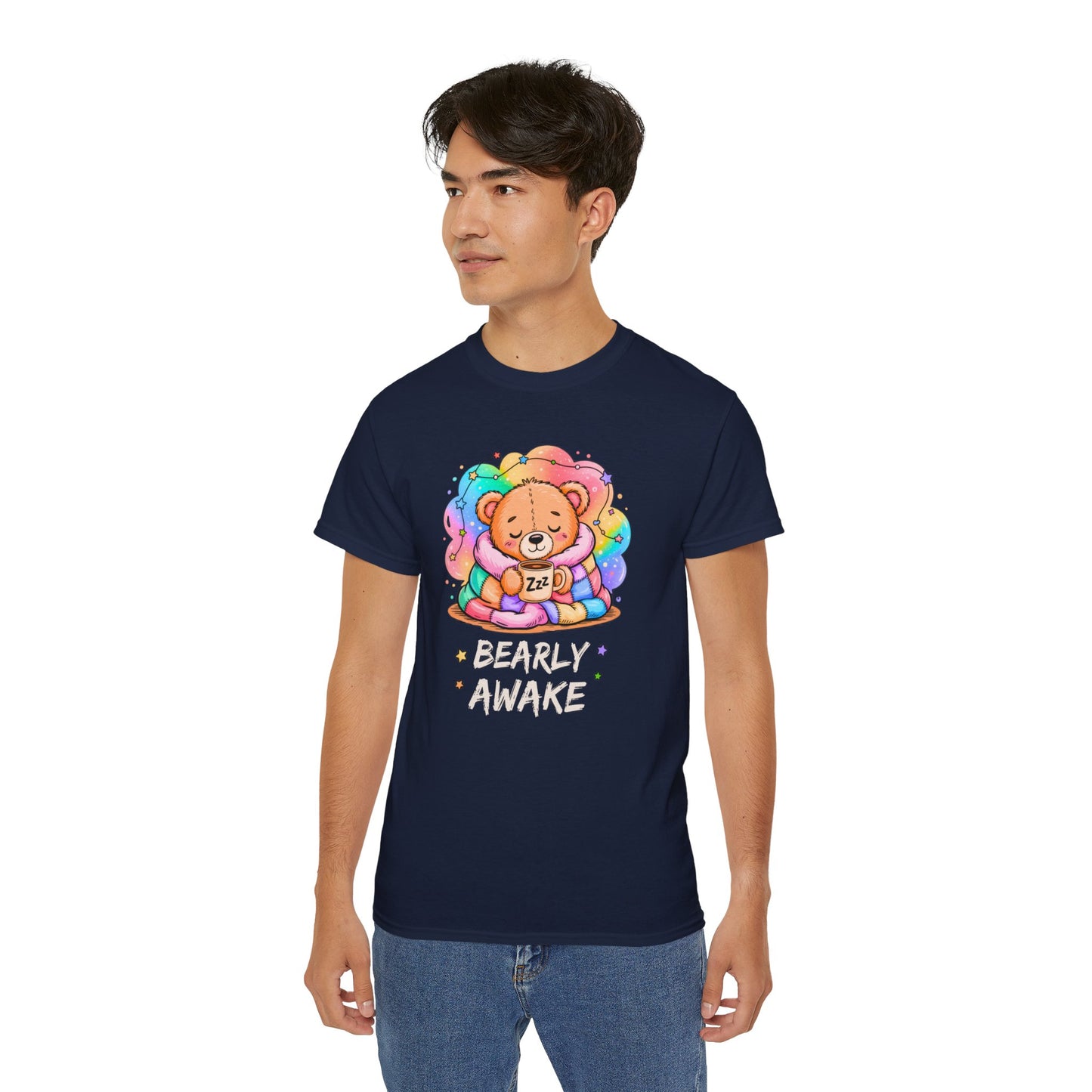 Bearly Awake Teddy Bear Tee | Cute Coffee Bear Wrapped in Rainbow Blanket