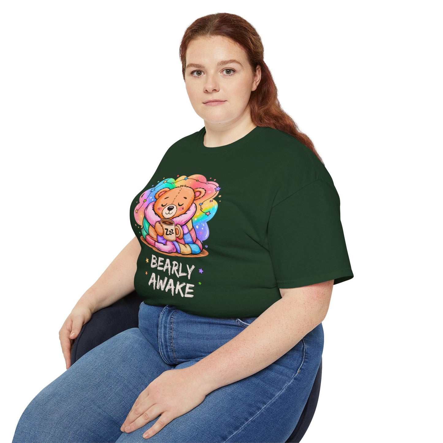 Bearly Awake Teddy Bear Tee | Cute Coffee Bear Wrapped in Rainbow Blanket